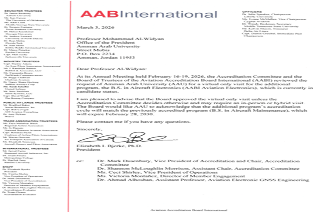 جامعة عمان العربية تحقق إنجازًا عربيًا غير مسبوق بتأهيل برنامج إلكترونيات الطيران للاعتماد الدولي (AABI)1