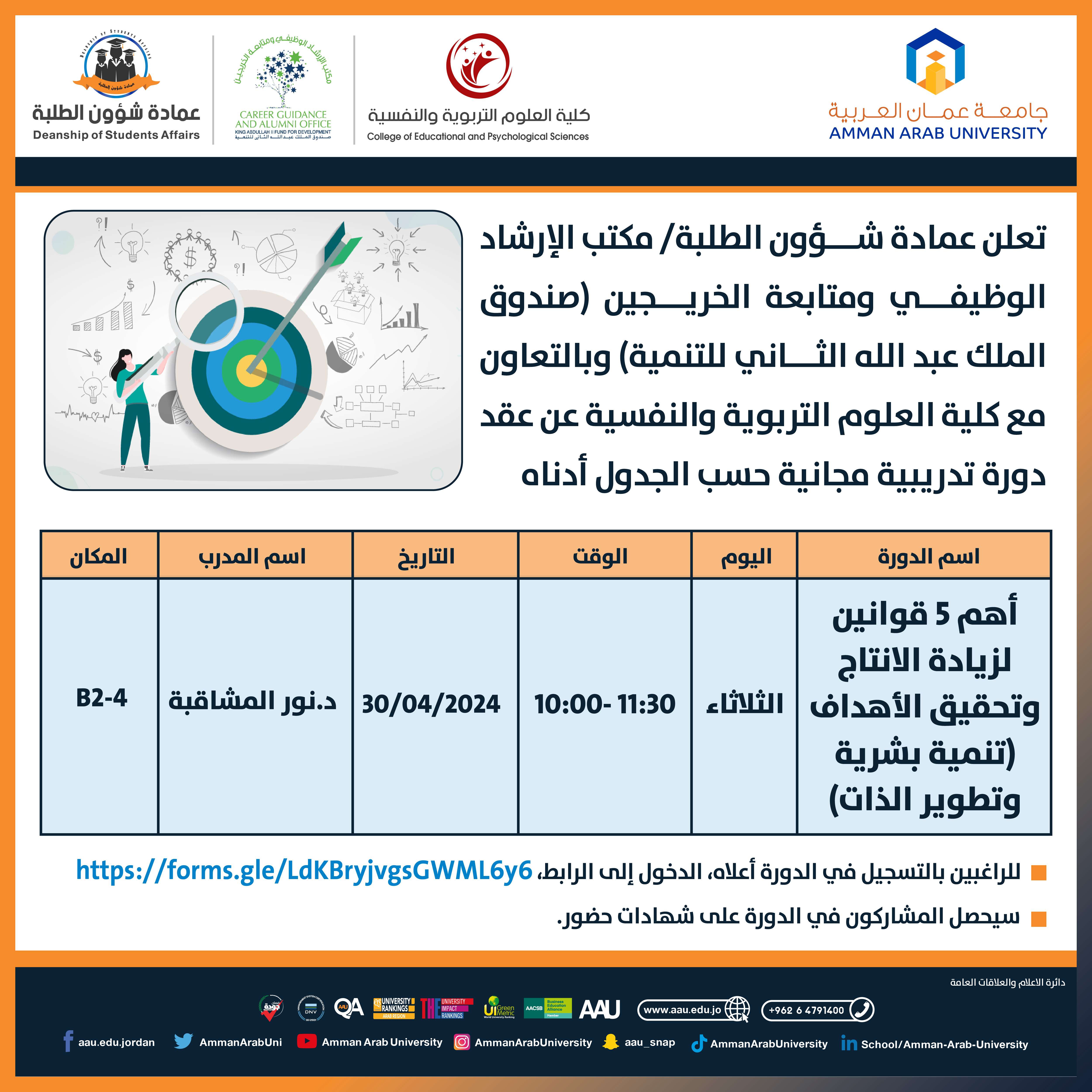 دورة تدريبية بعنوان أهم 5 قوانين لزيادة الانتاج وتحقيق الأهداف (تنمية بشرية وتطوير الذات)