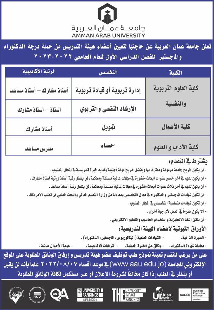 اعلان توظيف - كلية الاداب وكلية العلوم التربوية