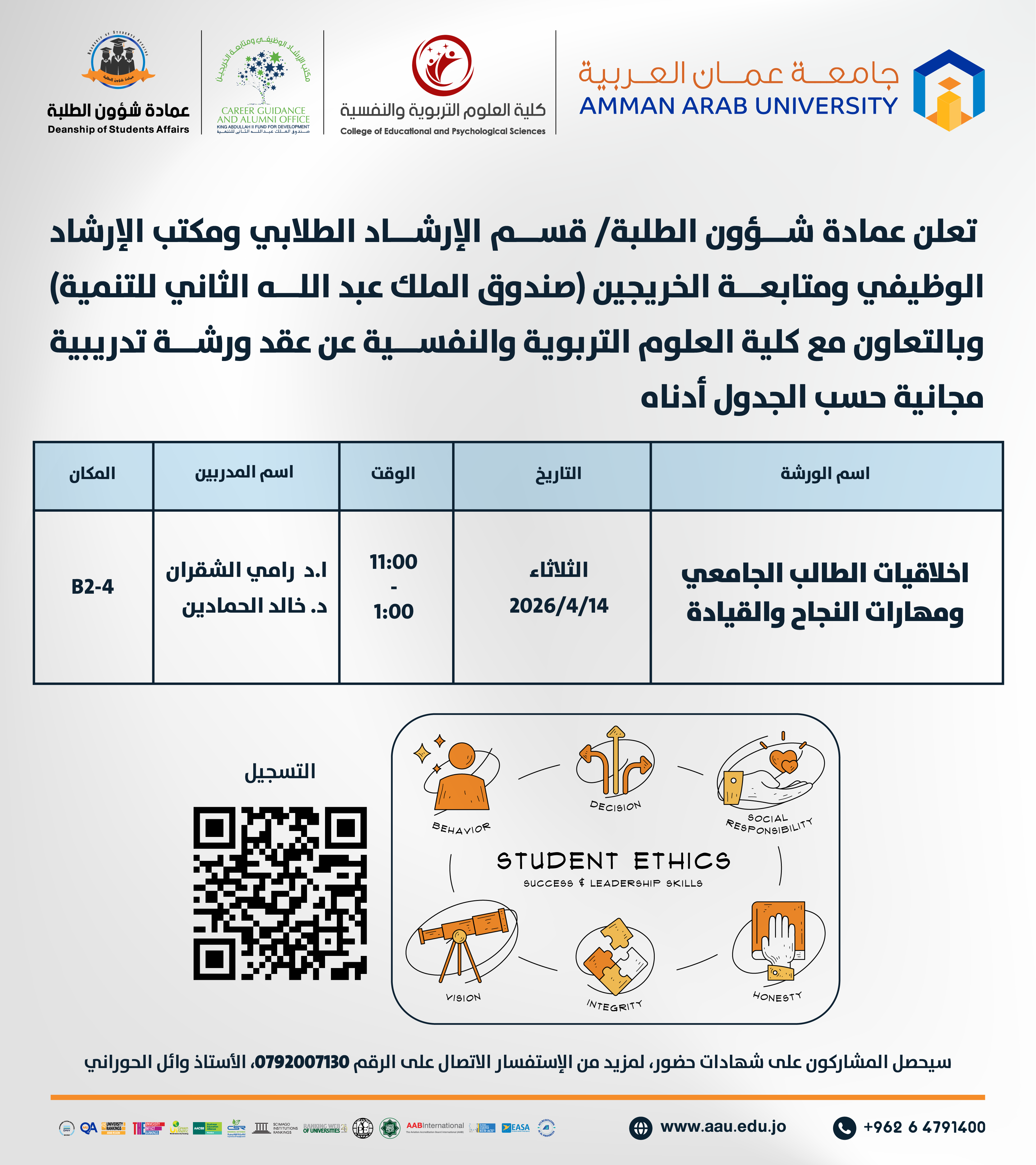 ورشة تدريبية بعنوان اخلاقيات الطالب الجامعي ومهارات النجاح والقيادة