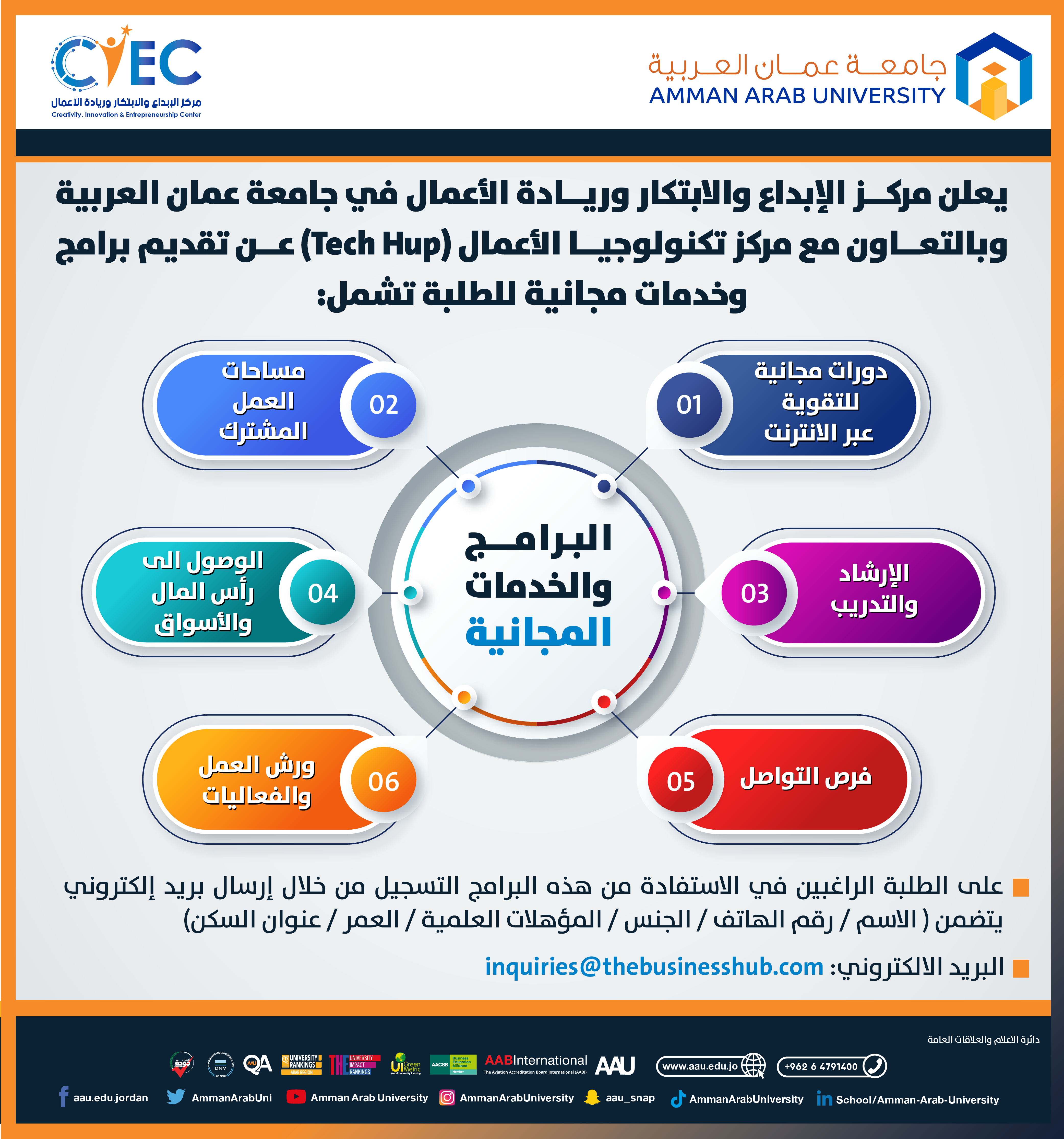 اعلان عن برامج وخدمات مجانية للطلبة مقدمة من مركز الإبداع والابتكار وريادة الأعمال
