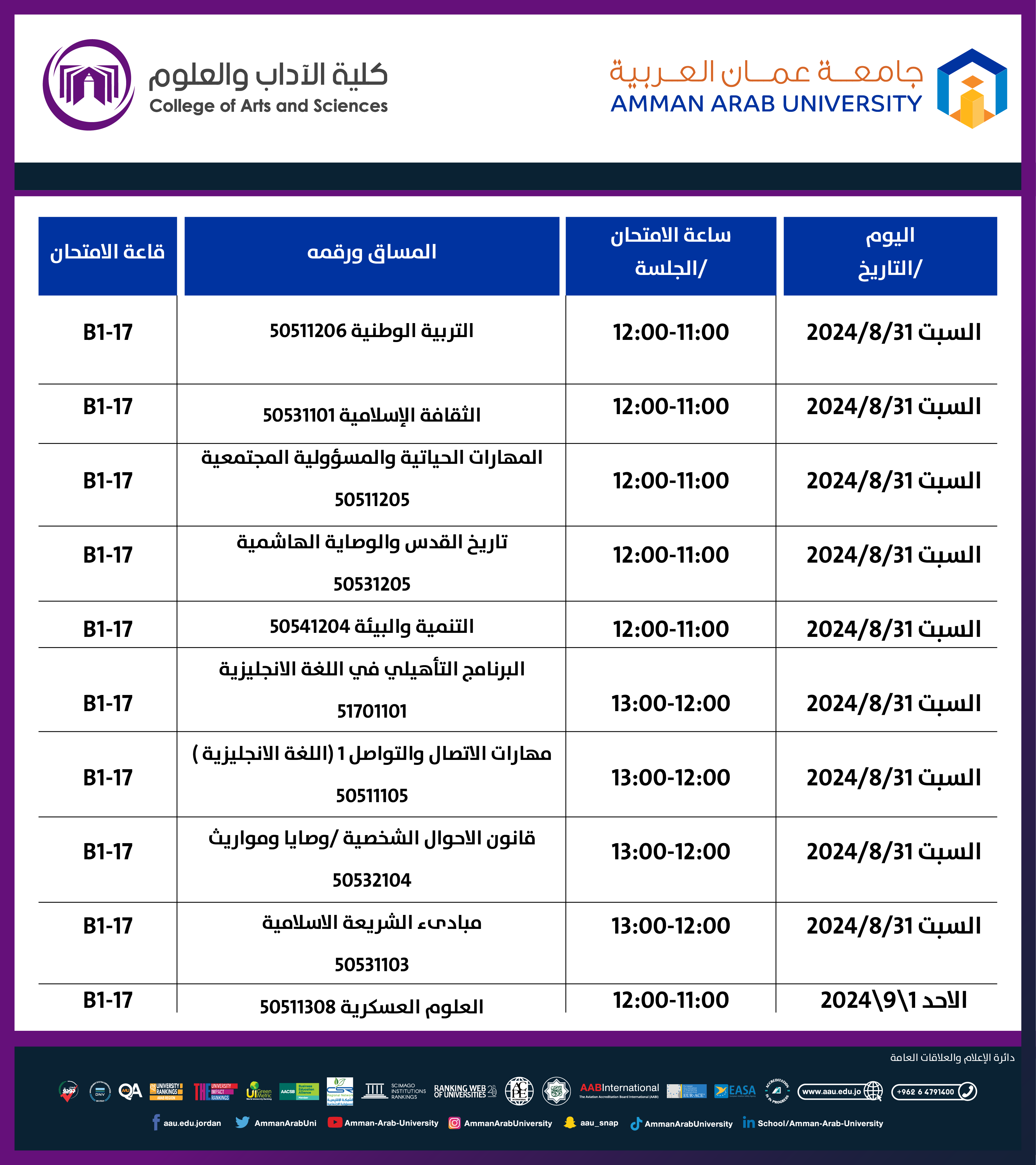 اعلان هام جدول امتحانات منتصف الفصل - غير المكتمل- قسم العلوم الاساسية الانسانية والعلمية2