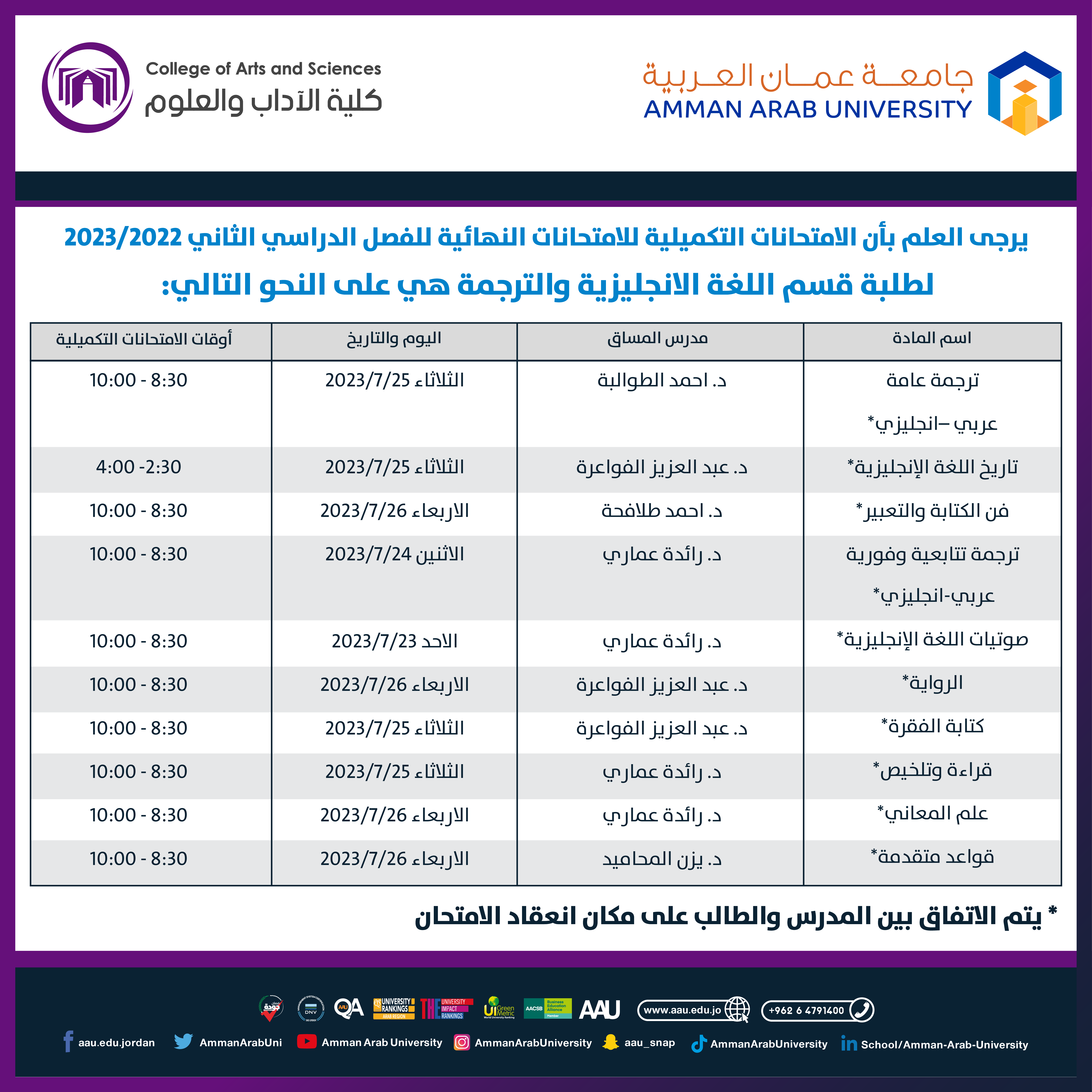جدول الامتحانات التكميلي لكلية الاداب والعلوم2