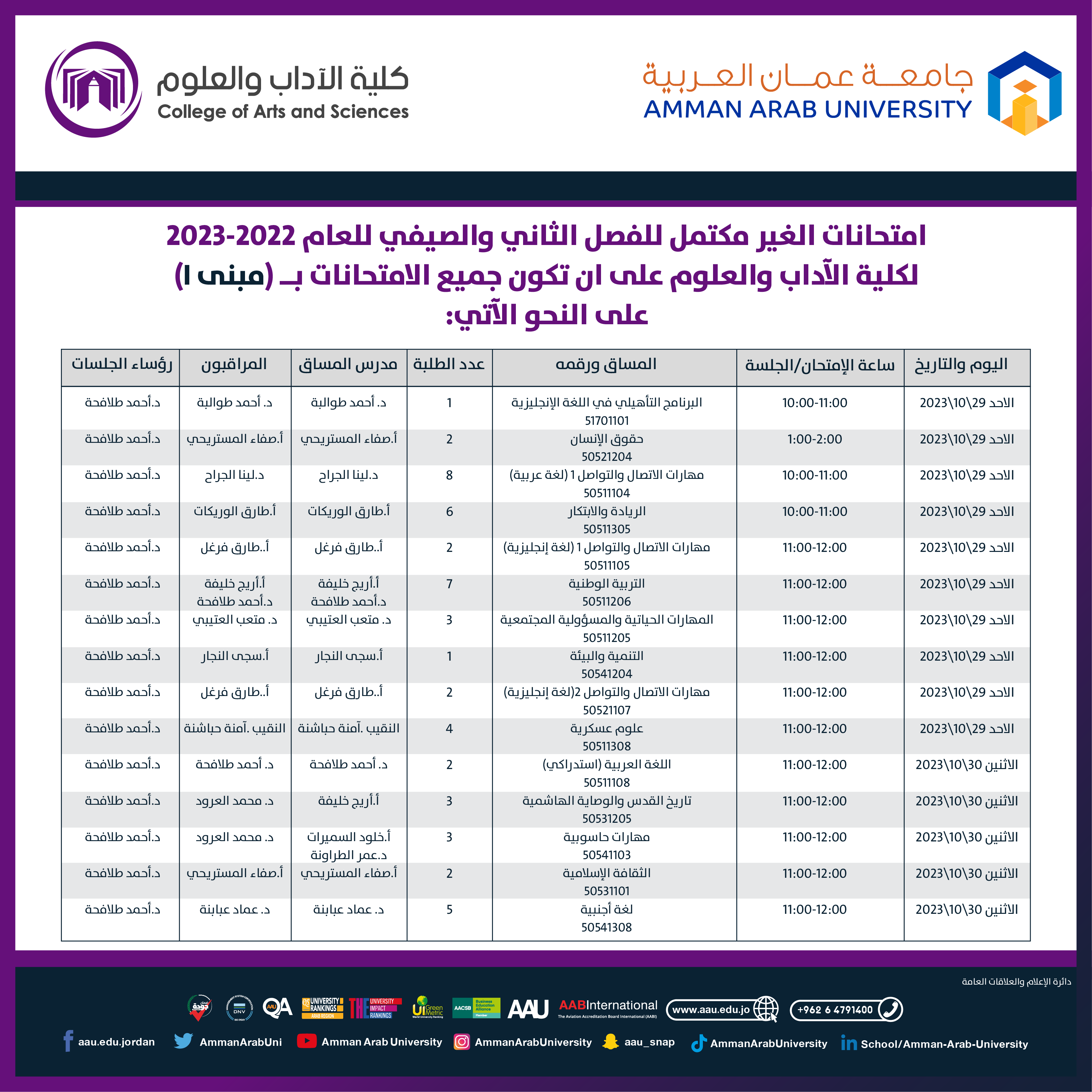 اعلان هام لطلبة كلية الآداب والعلوم - جدول امتحان الغير مكتمل للفصل الثاني والصيفي 2023