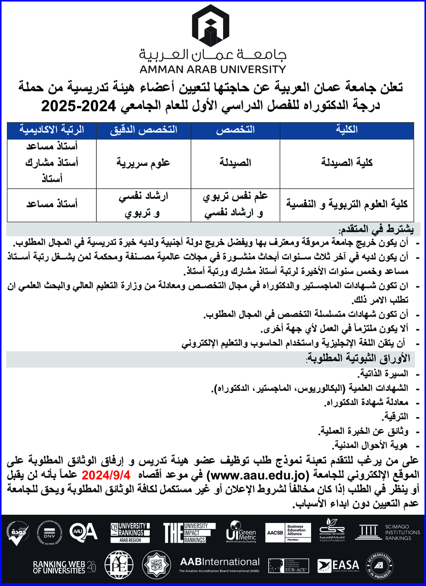 تعلن جامعة عمان العربية عن حاجتها لتعيين أعضاء هيئة تدريسية من حملة درجة الدكتوراه للفصل الدراسي الاول للعام الجامعي 2024-2025