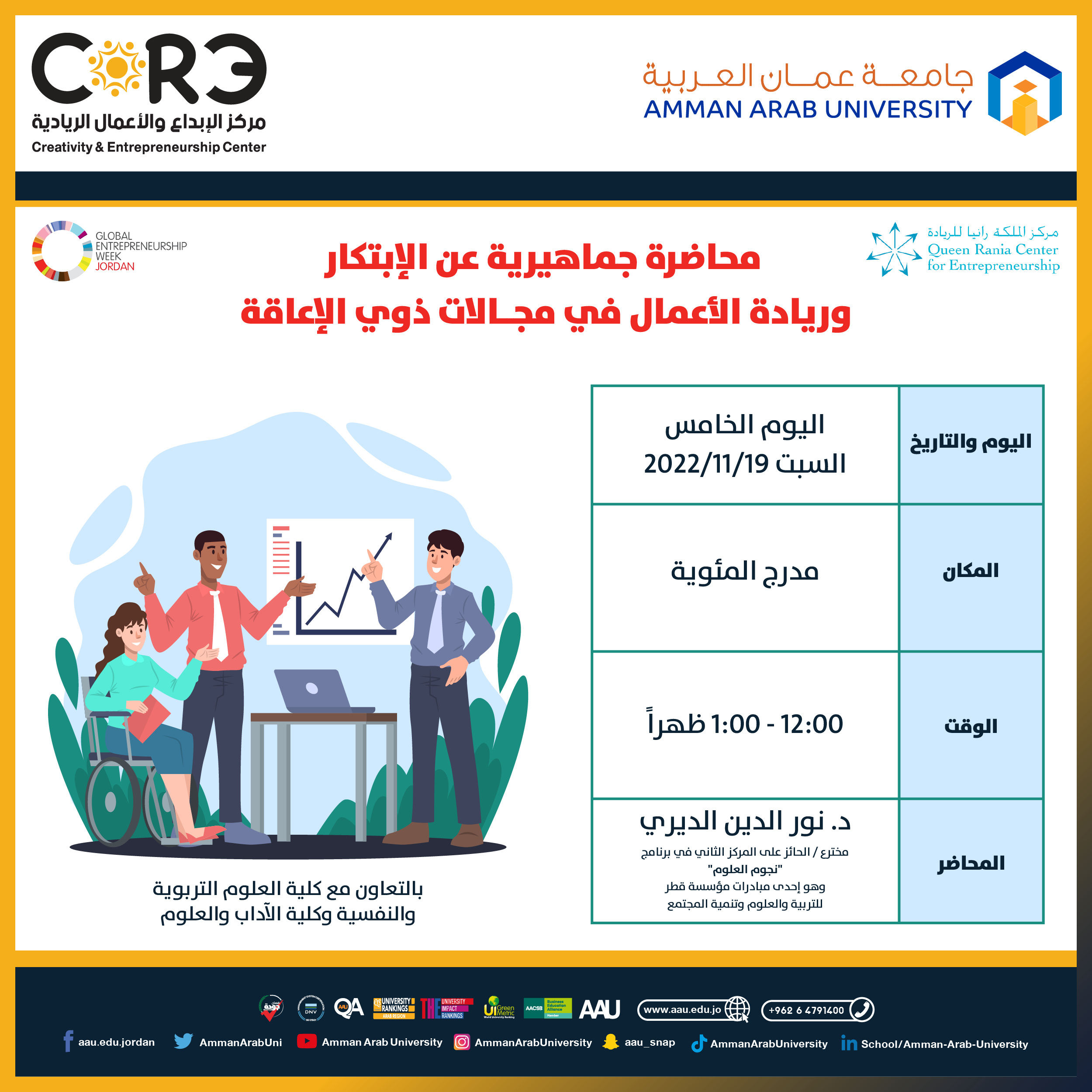 بمناسبة الأسبوع العالمي لريادة الأعمال محاضرة جماهيرية عن الإبتكار وريادة الأعمال في مجالات ذوي الإعاقة