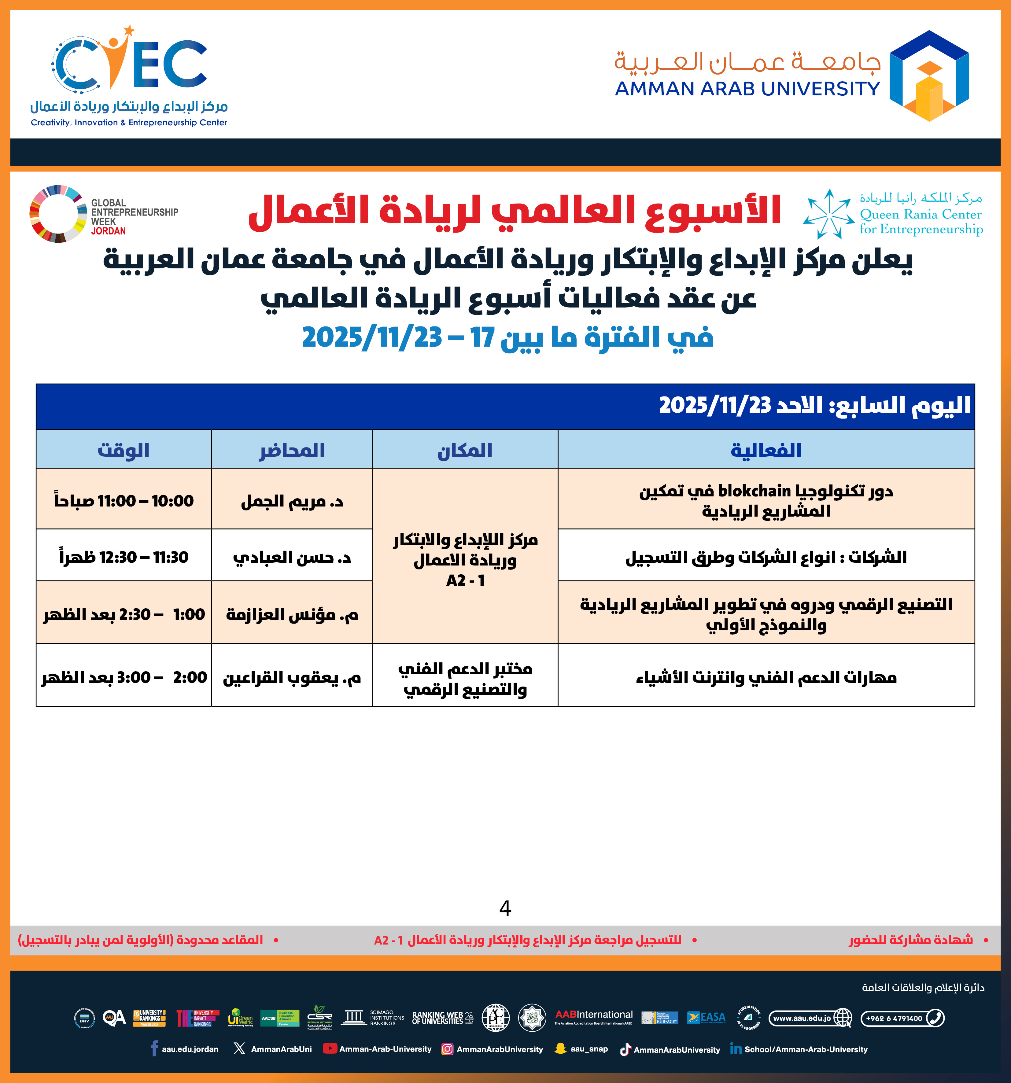 اعلان جدول الاسبوع العالمي لريادة الاعمال في الفترة ما بين17- 23 /42025/11
