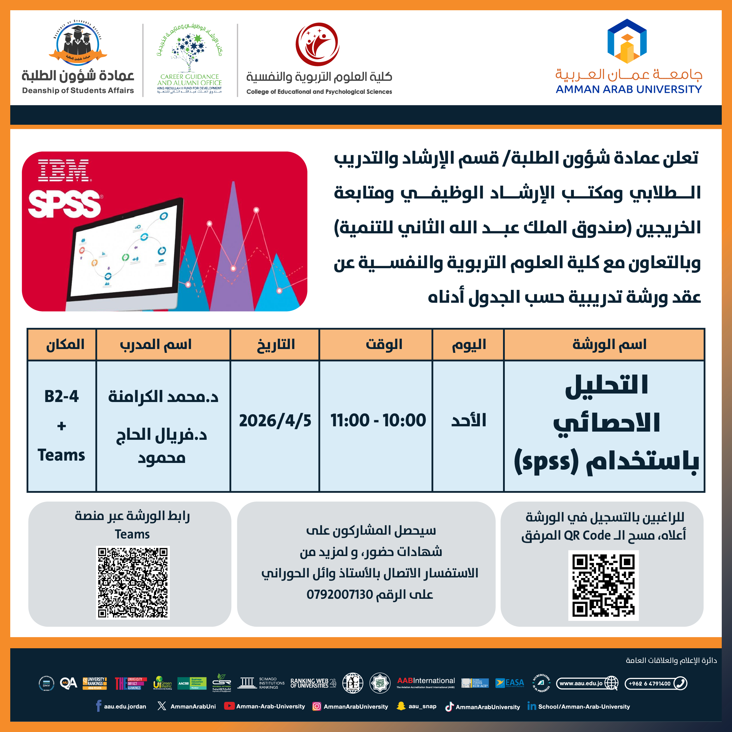 ورشة تدريبية بعنوان التحليل الاحصائي باستخدام (spss)