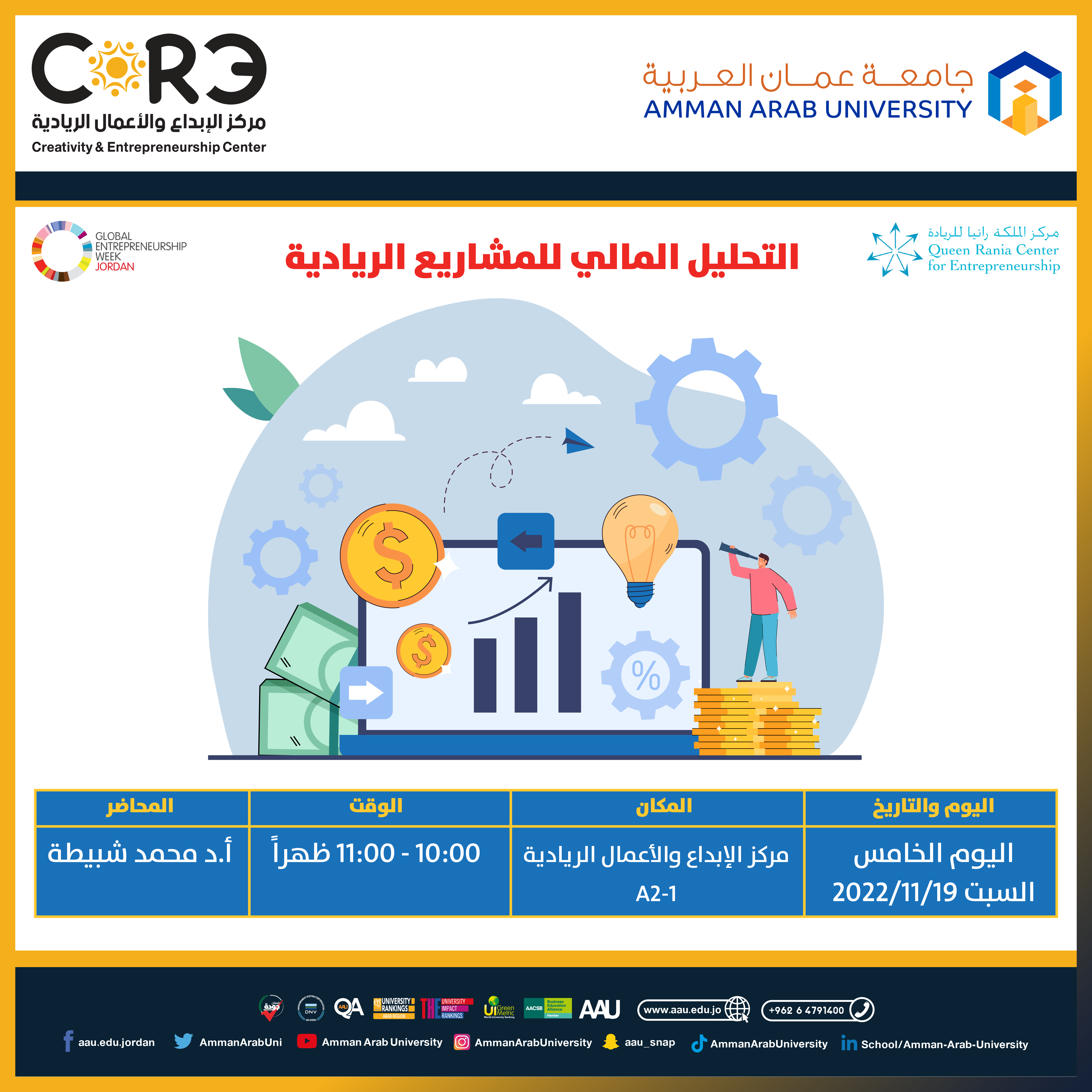 بمناسبة الأسبوع العالمي لريادة الأعمال محاضرة بعنوان " التحليل المالي للمشاريع الريادية "