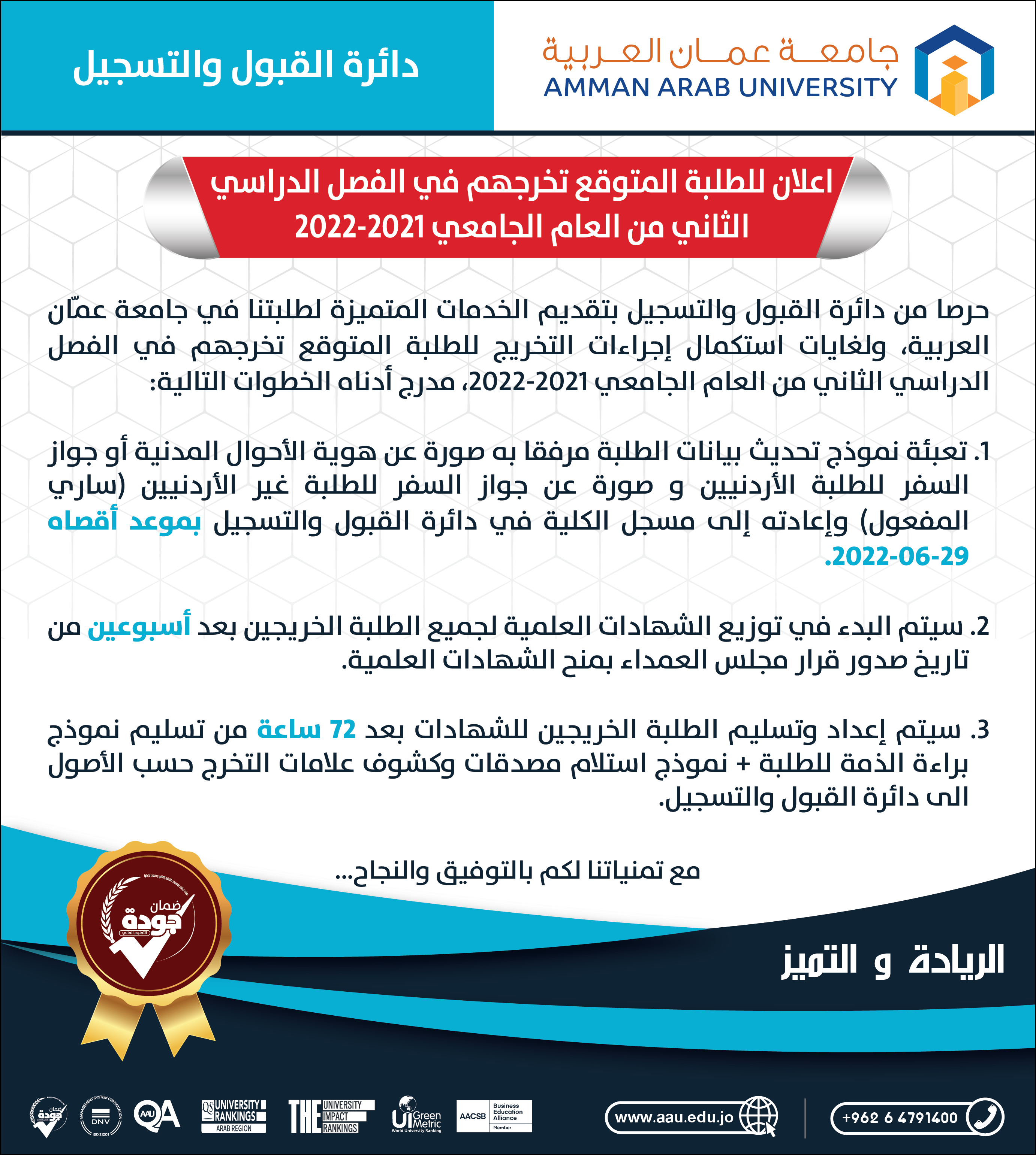 إعلان للطلبة المتوقع تخرجهم في الفصل الدراسي الثاني من العام الجامعي 2022/2021 