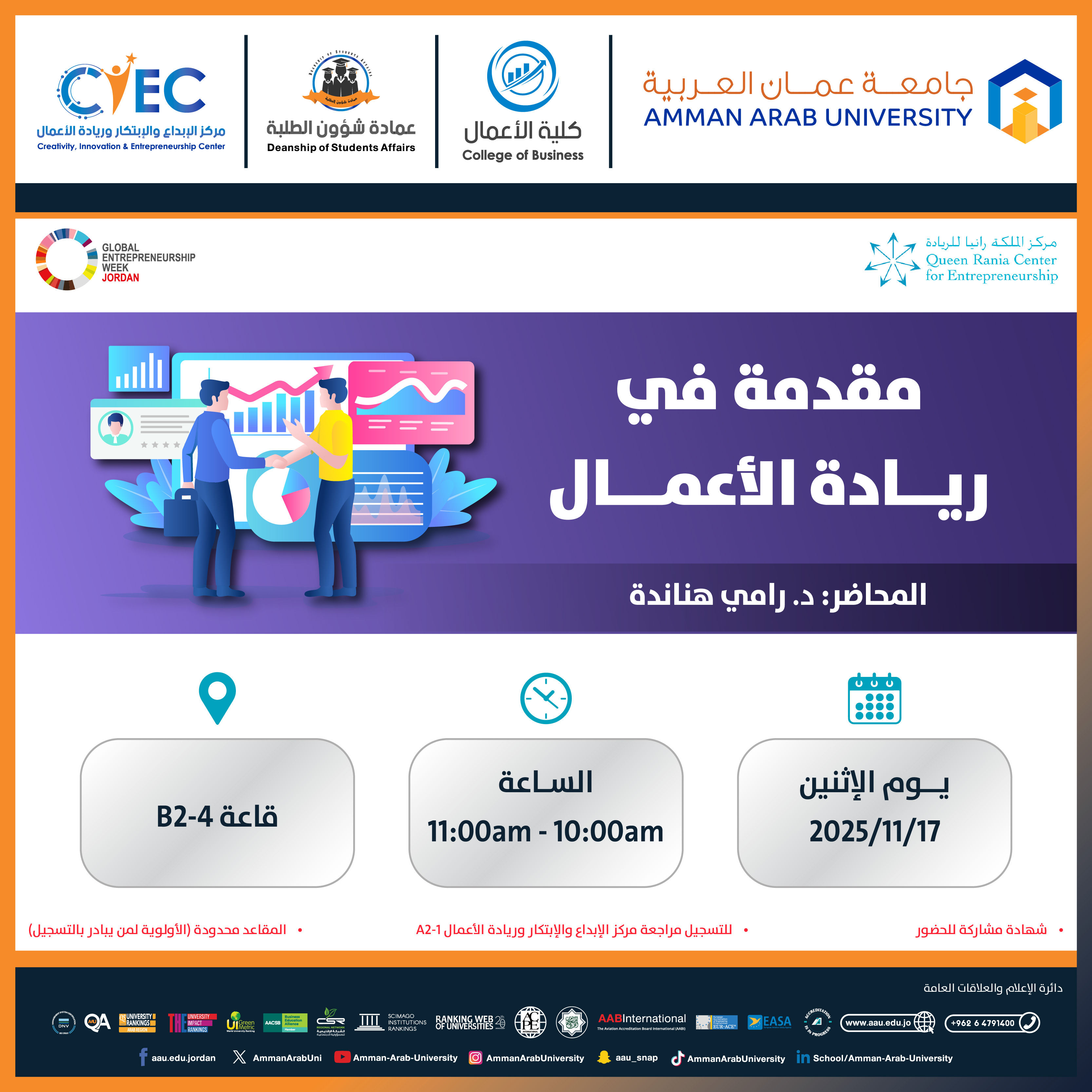 اعلان عن ورشات اليوم الثاني - اسبوع الريادة العالمي1