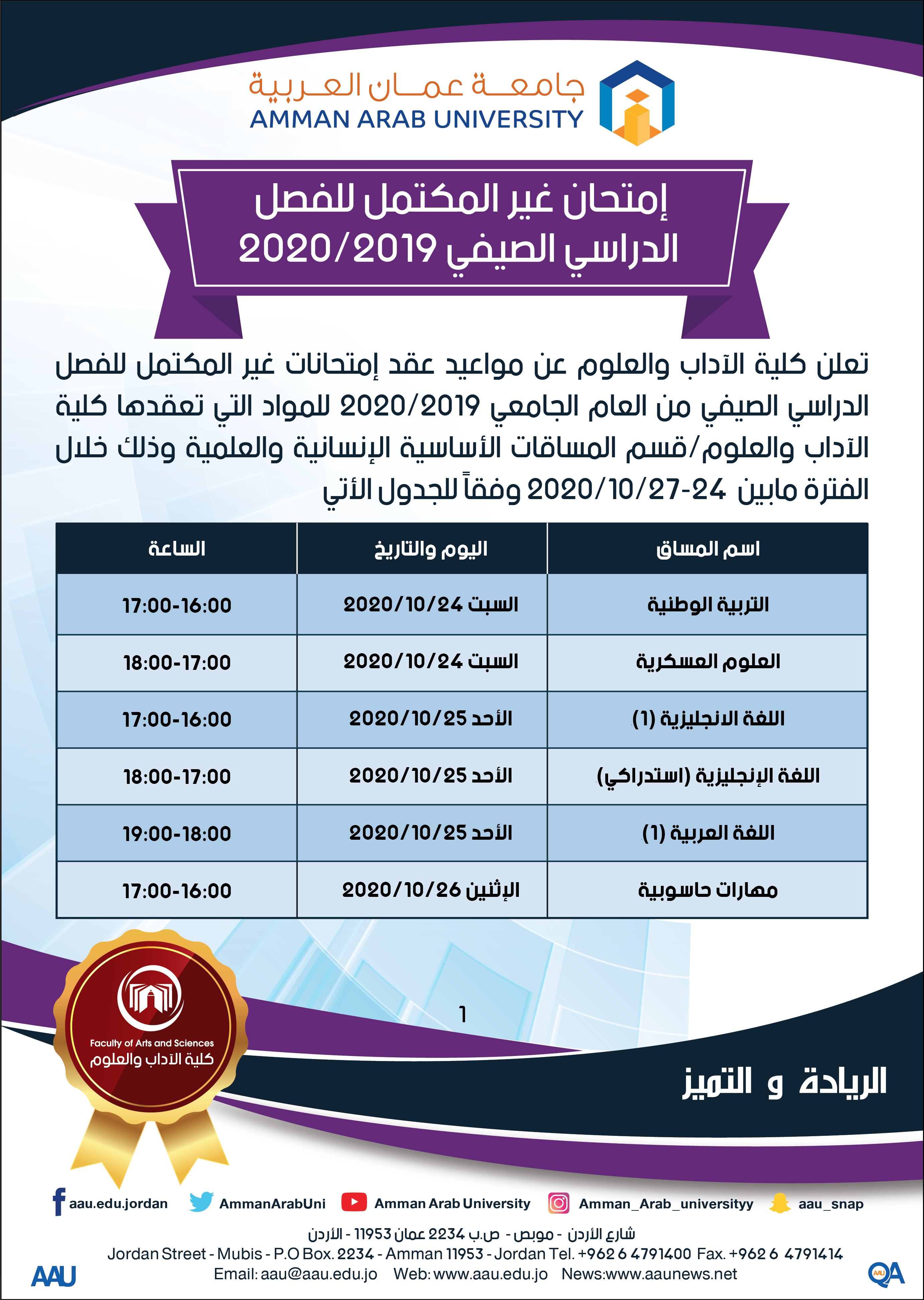 امتحان غير المكتمل للفصل الدراسي الصيفي 1