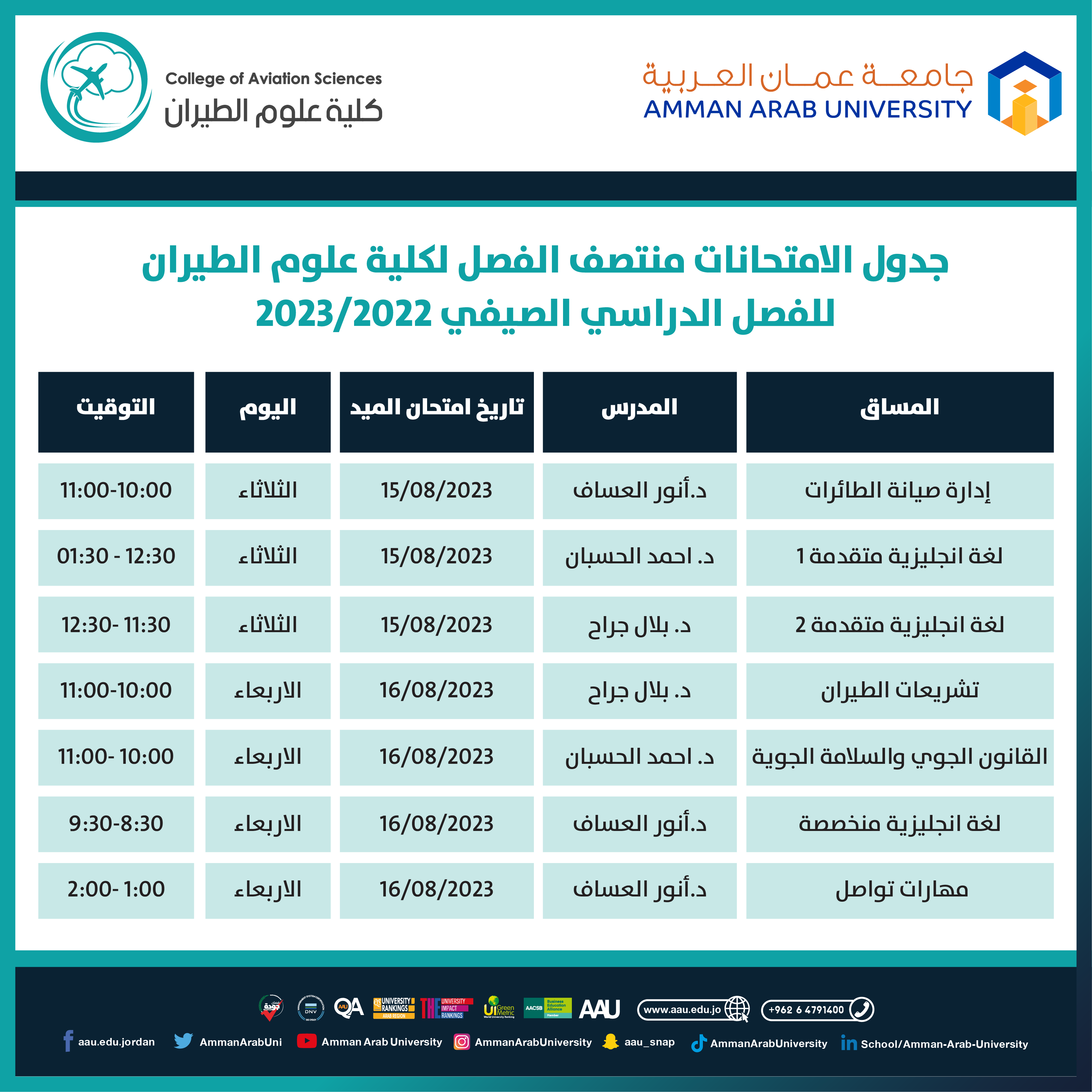 اعلان هام جدول امتحانات النصف فصلية لكلية علوم الطيران