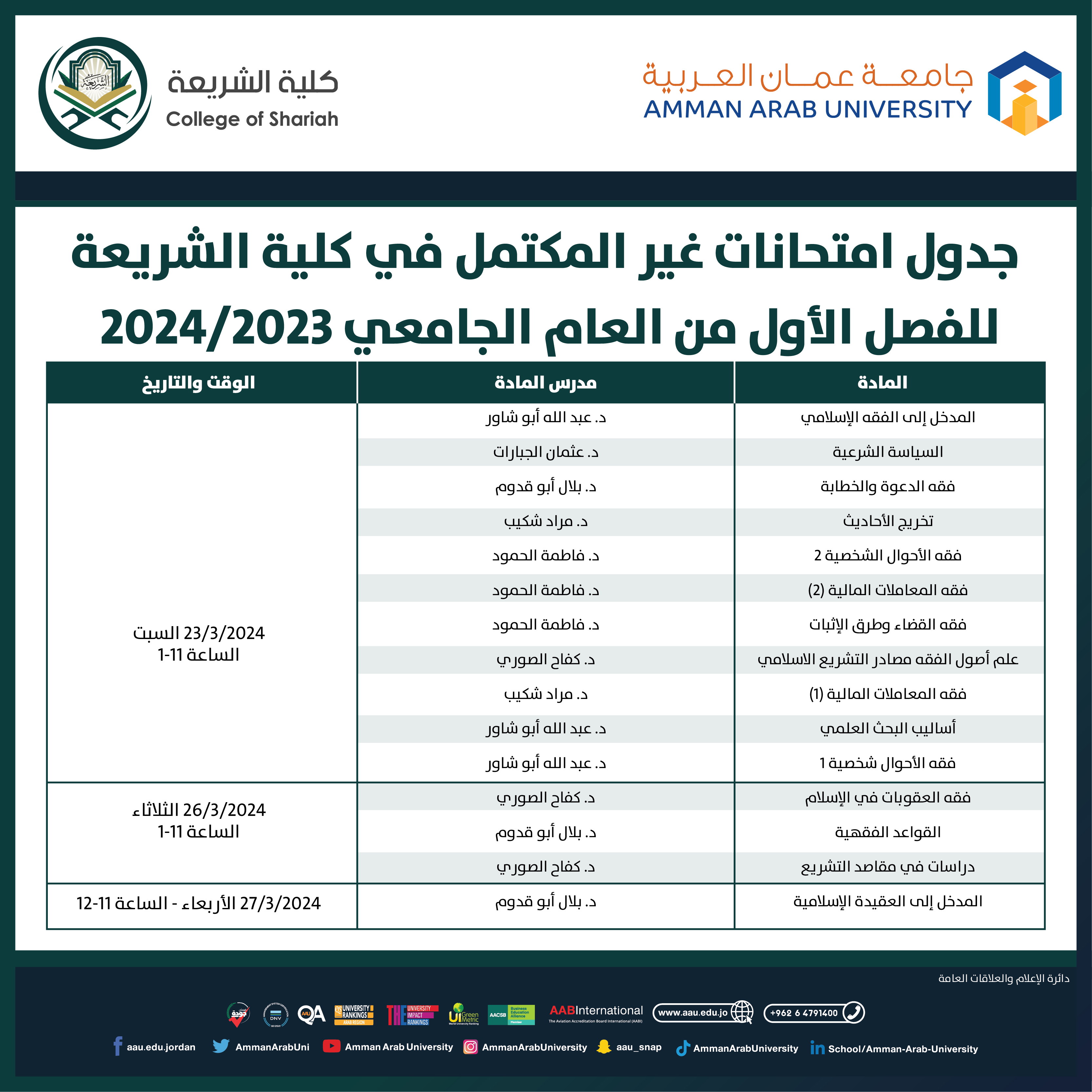 اعلان هام امتحان غير المكتمل غير المكتمل لكلية الشريعة