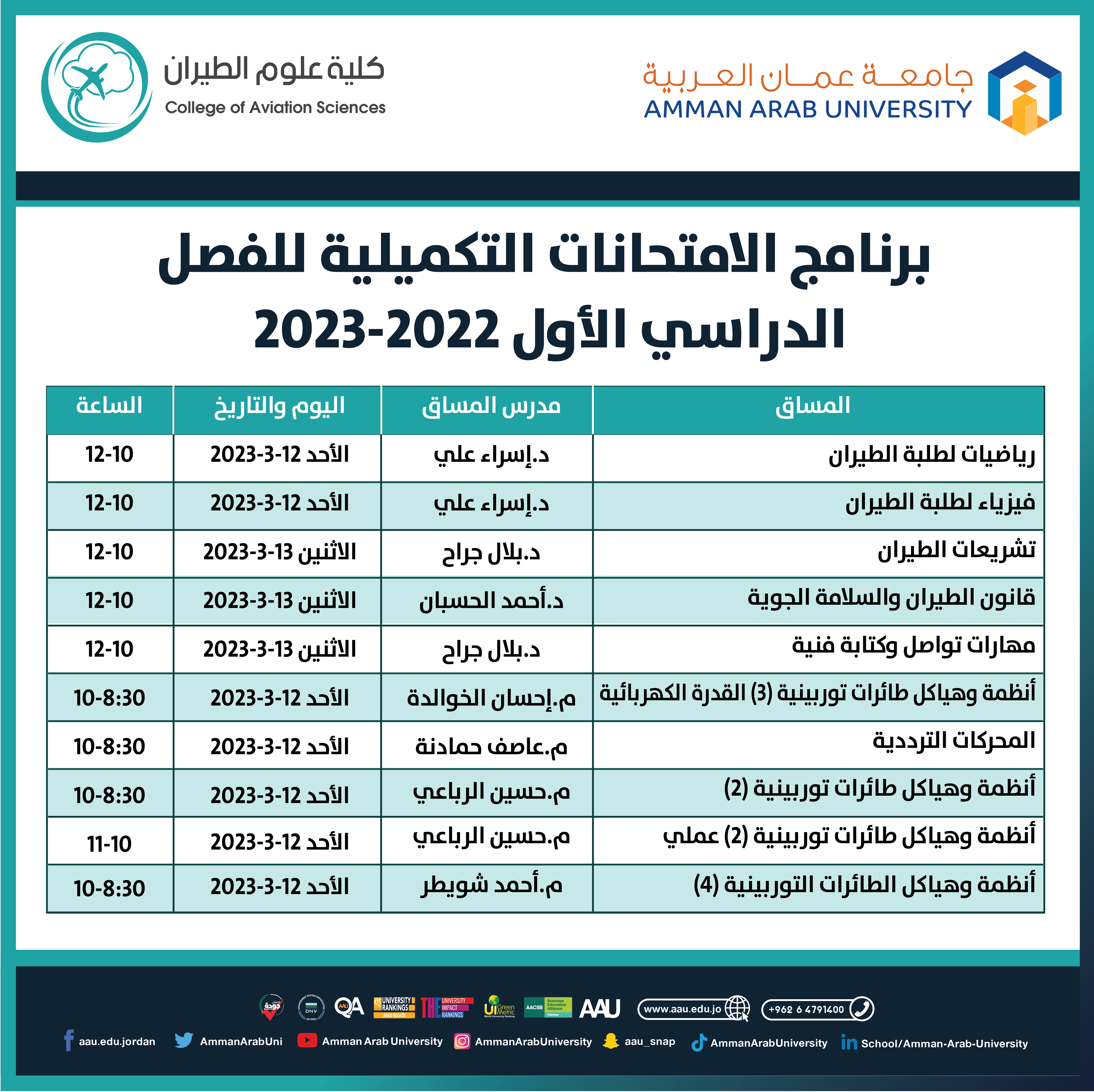برنامج الامتحانات التكميلية لكلية علوم الطيران للفصل الاول 2022-2023