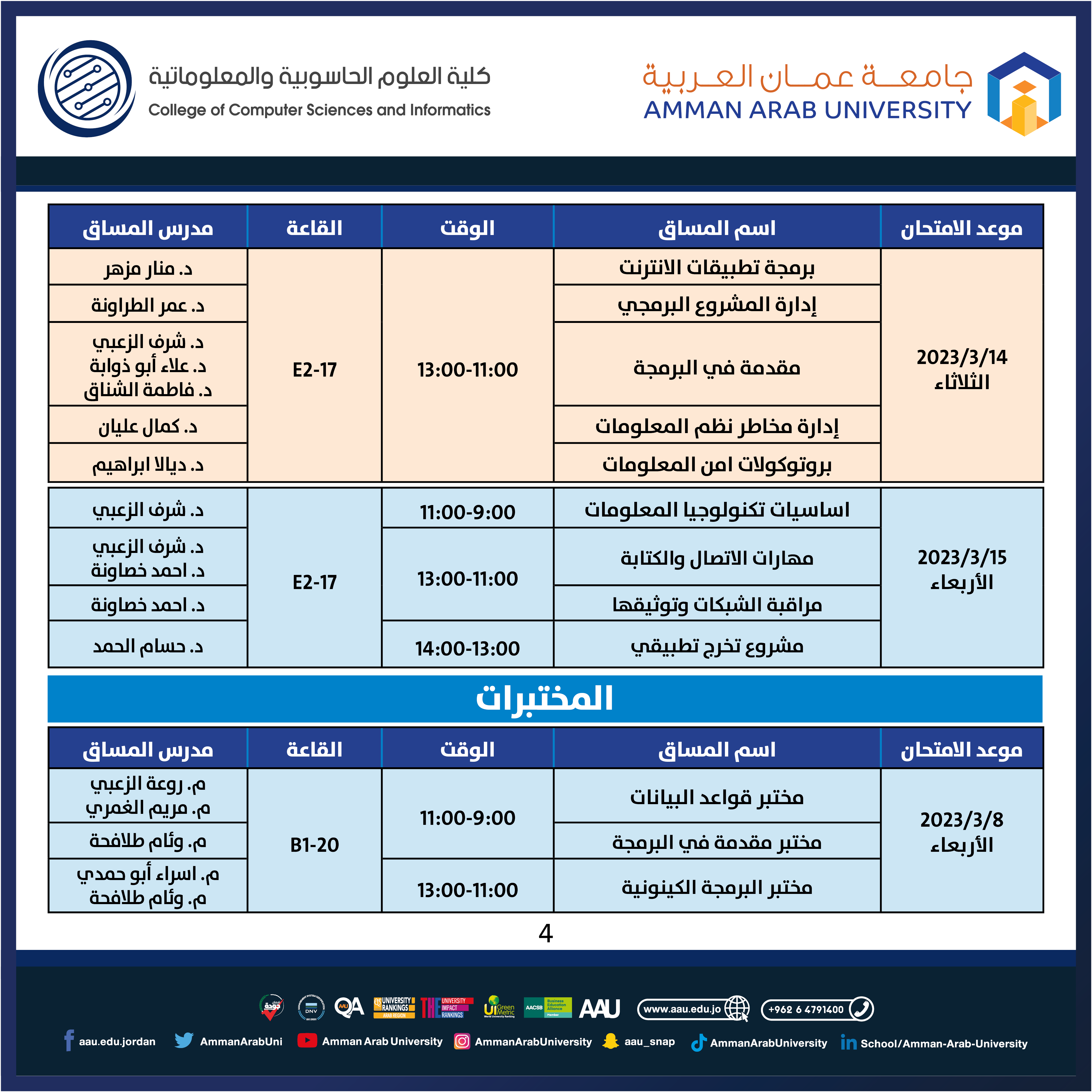 جدول الامتحانات التكميلية للفصل الدراسي الاول 2022-2023- كلية العلوم الحاسوبية4