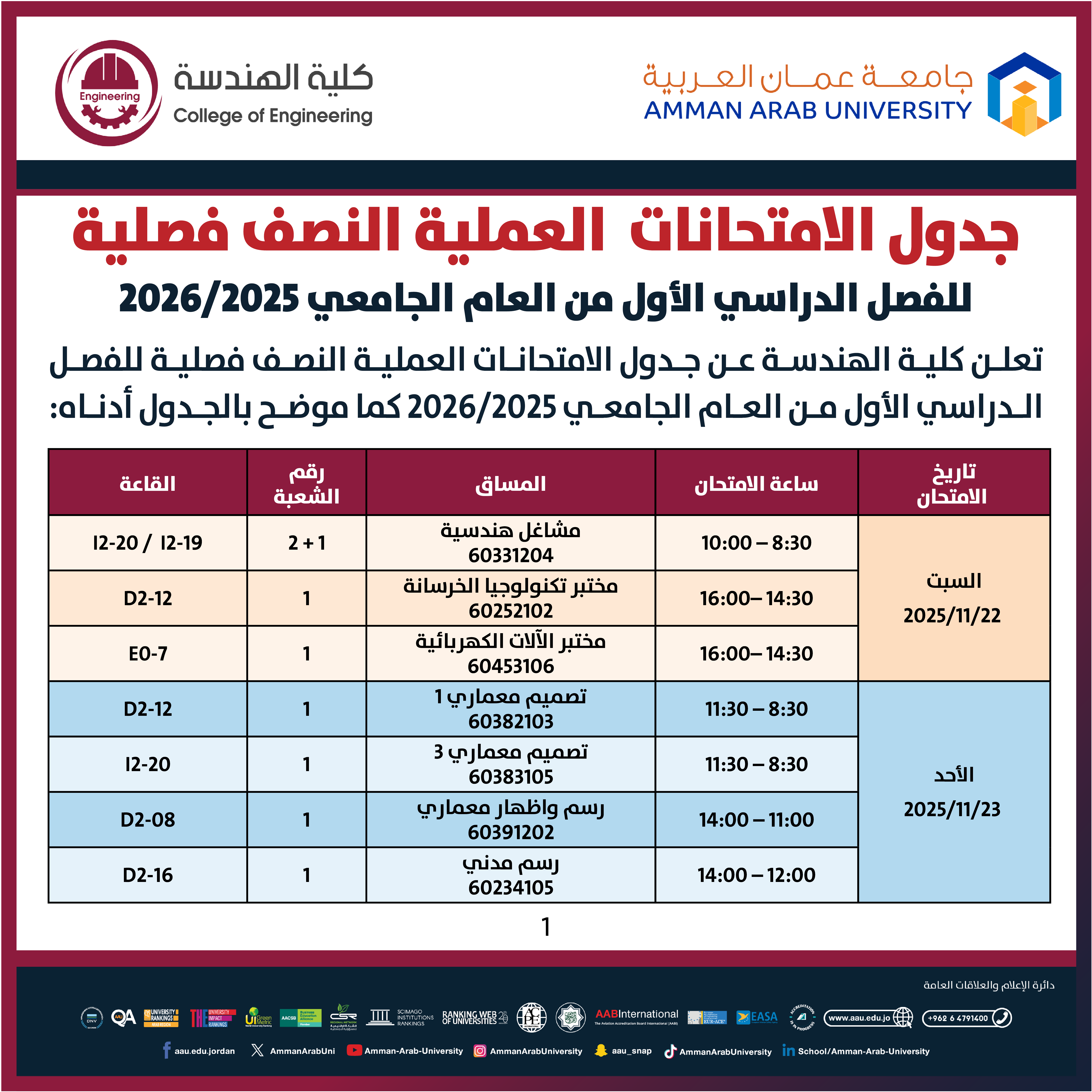 اعلان هام جدول امتحانات منتصف الفصل الدراسي الأول 2025-2026 (المساقات العملية) - كلية الهندسة1
