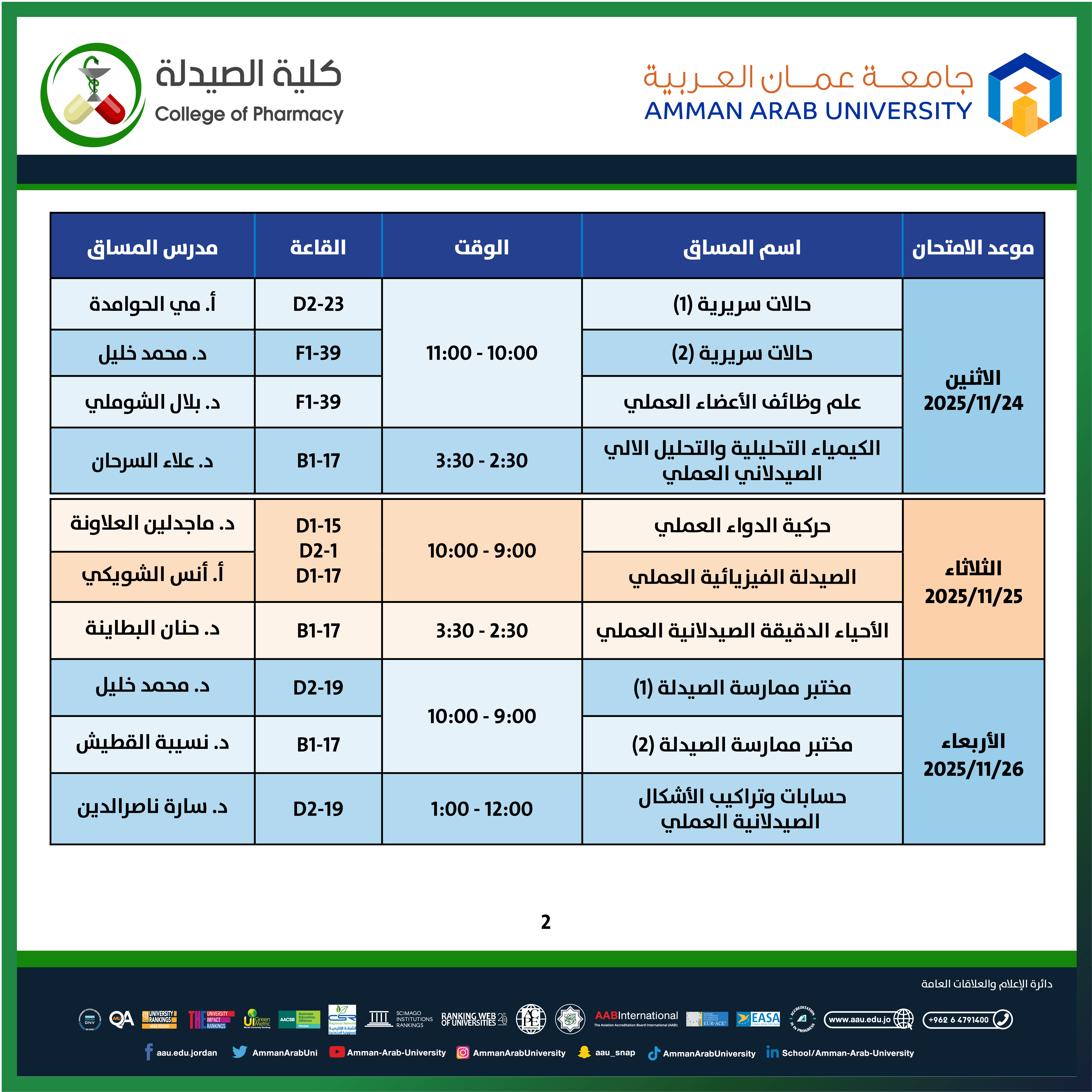 اعلان هام جدول امتحانات منتصف الفصل الدراسي الأول 2025-2026 (المساقات العملية) - كلية الصيدلة2