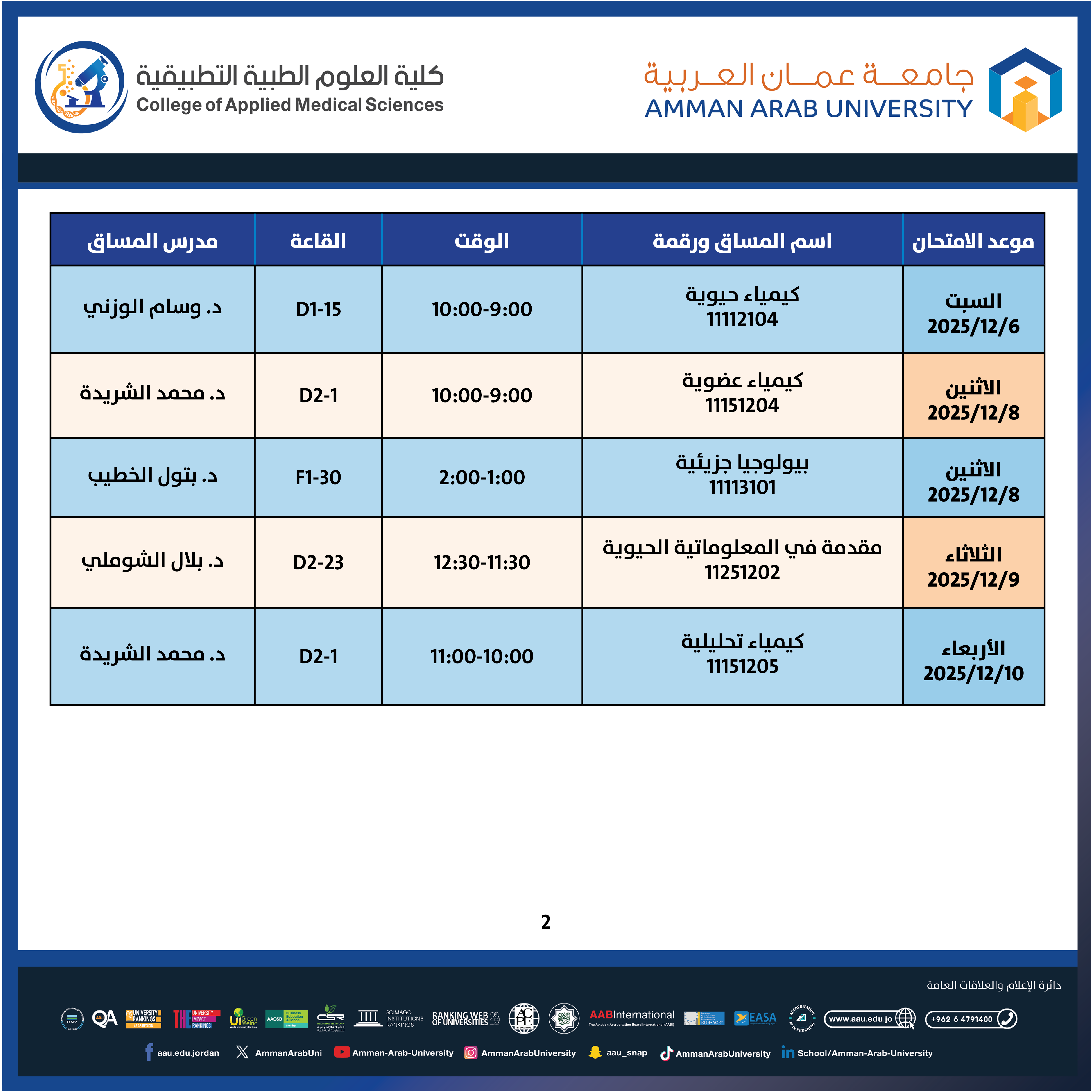 اعلان هام جدول امتحانات منتصف الفصل الدراسي الأول (المساقات النظرية) 2025-2026 - كلية العلوم الطبية التطبيقية2
