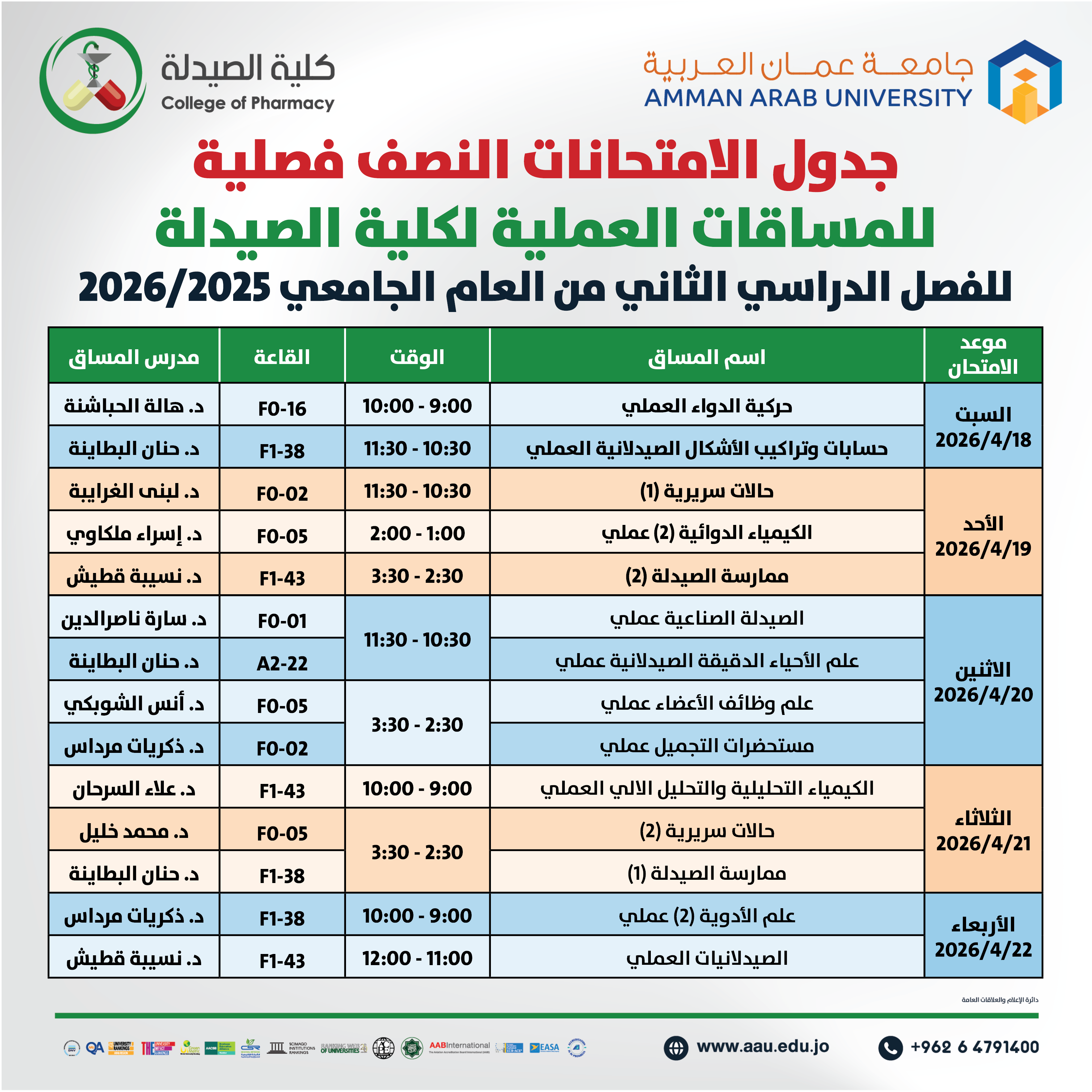 اعلان هام - جدول الإمتحانات نصف فصلية (العملية) للفصل الدراسي الثاني 2025-2026- كلية الصيدلة