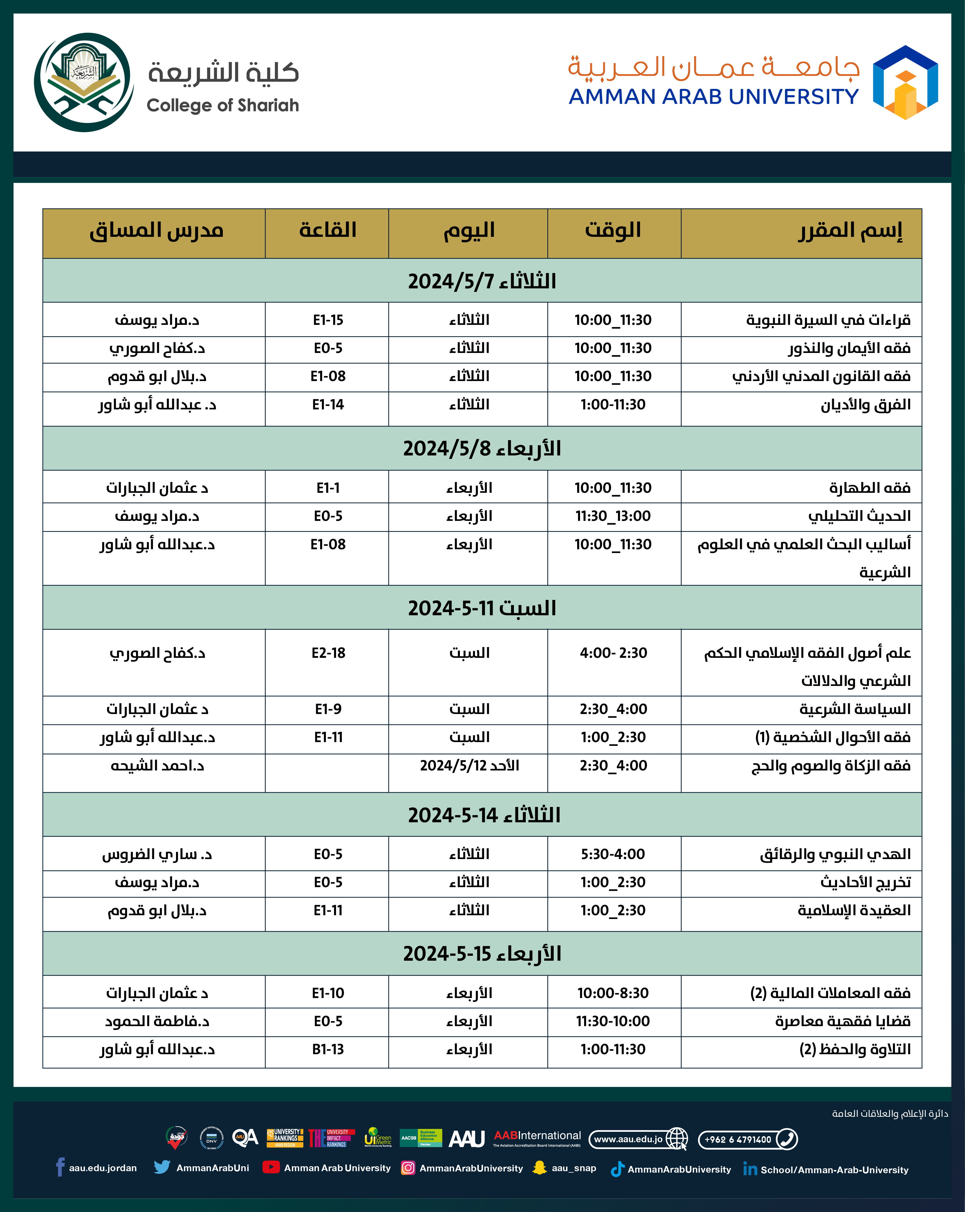 اعلان هام لطلبة كلية الشريعة - جدول الامتحانات النصف فصلية للفصل الدراسي الثاني2