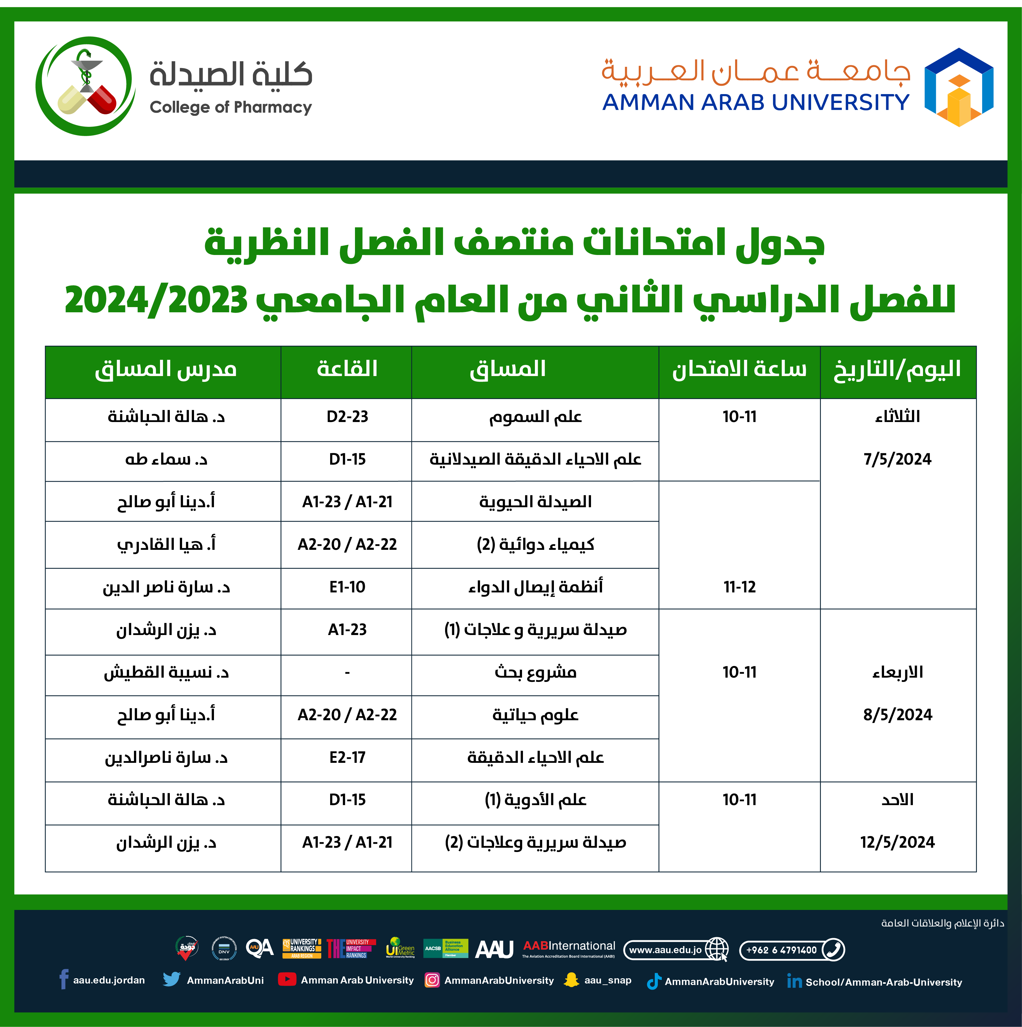اعلان هام - جدول الامتحانات النصف فصلية لكلية الصيدلة1