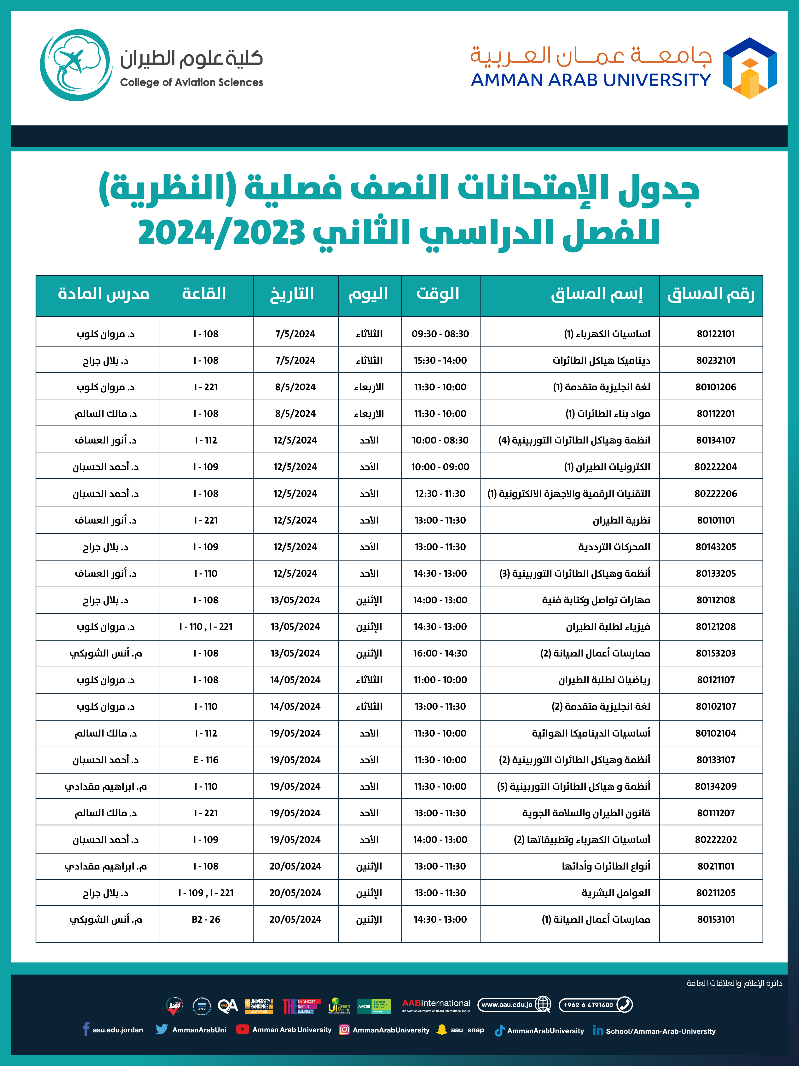 اعلان هام للطلبة - جدول الامتحانات النصف فصلية لكلية علوم الطيران