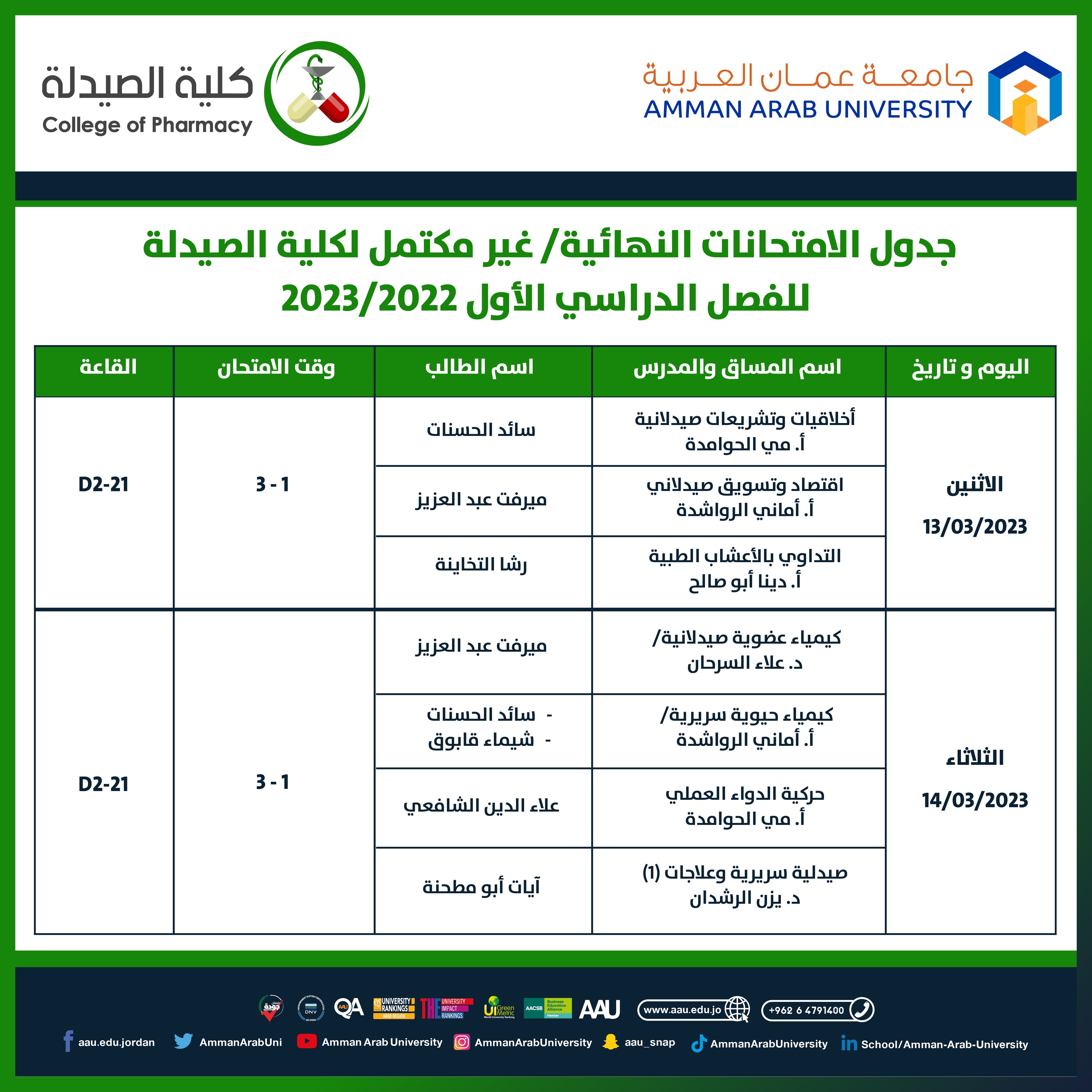 جدول الامتحانات التكميلية للفصل الدراسي الاول 2022-2023- كلية الصيدلة1