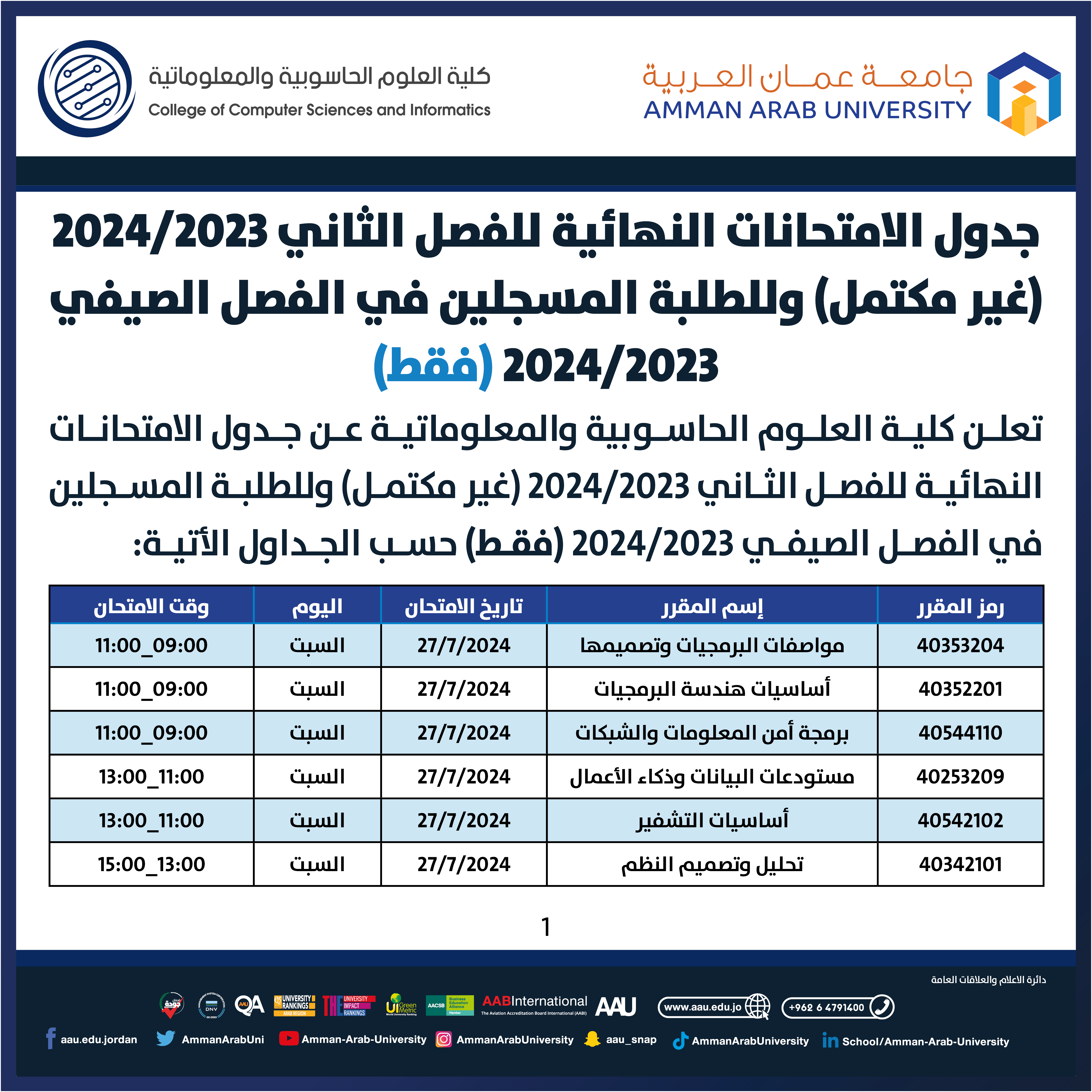 اعلان هام للطلبة - الامتحانات التكميلية لكلية العلوم الحاسوبية والمعلوماتية1
