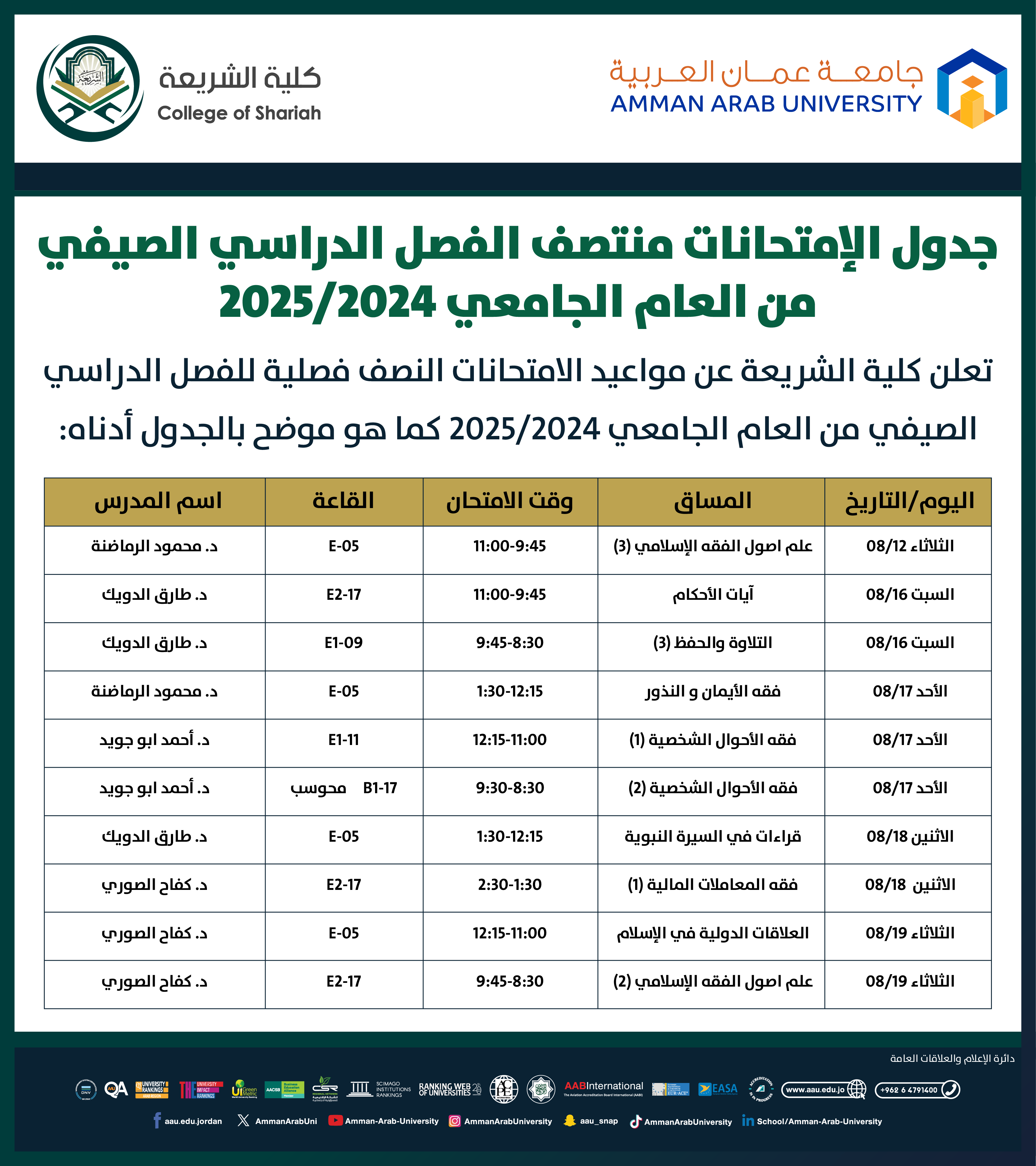 اعلان هام - جدول الامتحانات النصف فصلية (الميد) للفصل الدراسي الصيفي للعام الجامعي 2024-2025 - كلية الشريعة
