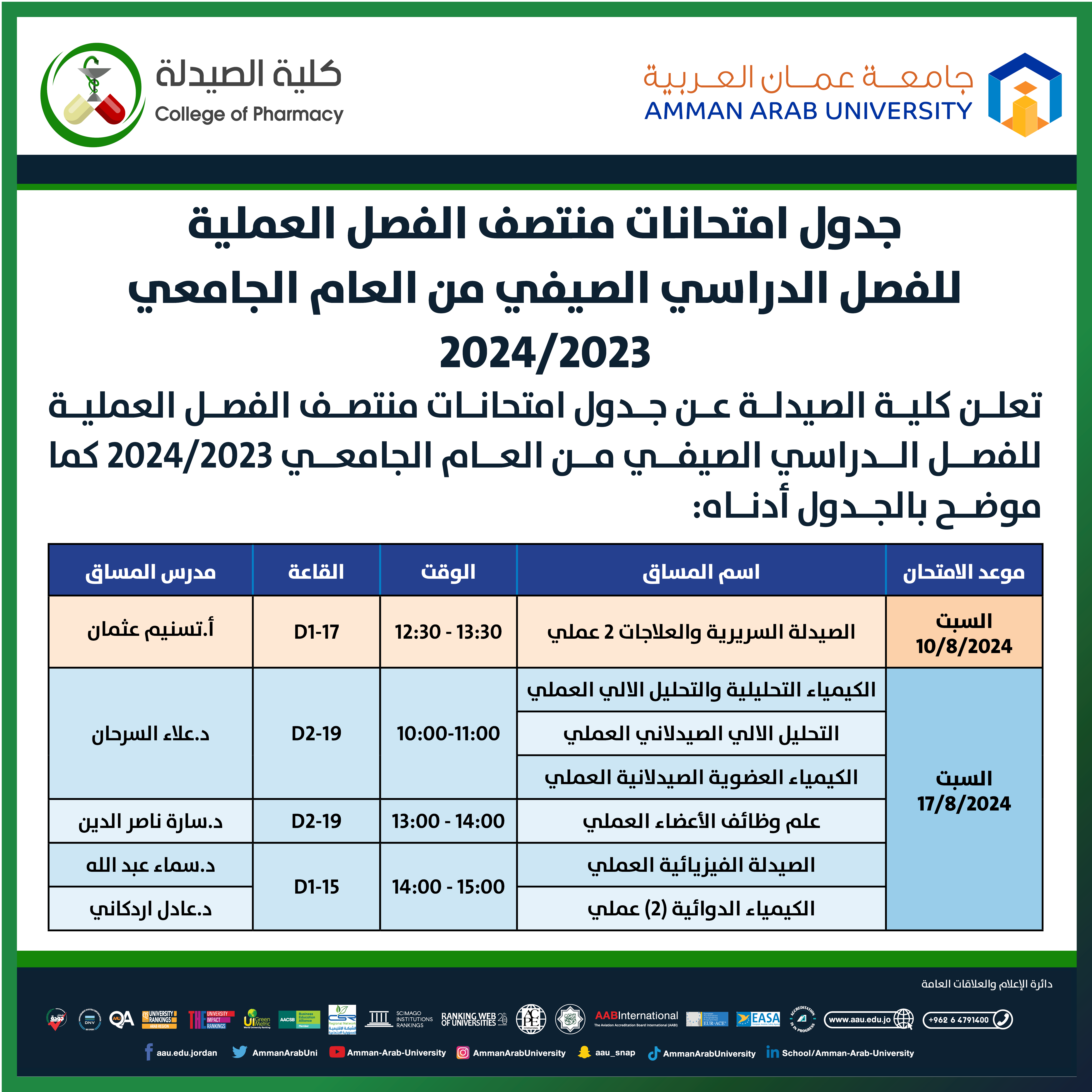 اعلان هام - جدول امتحانات منتصف الفصل العملية والنظرية لكلية الصيدلة1