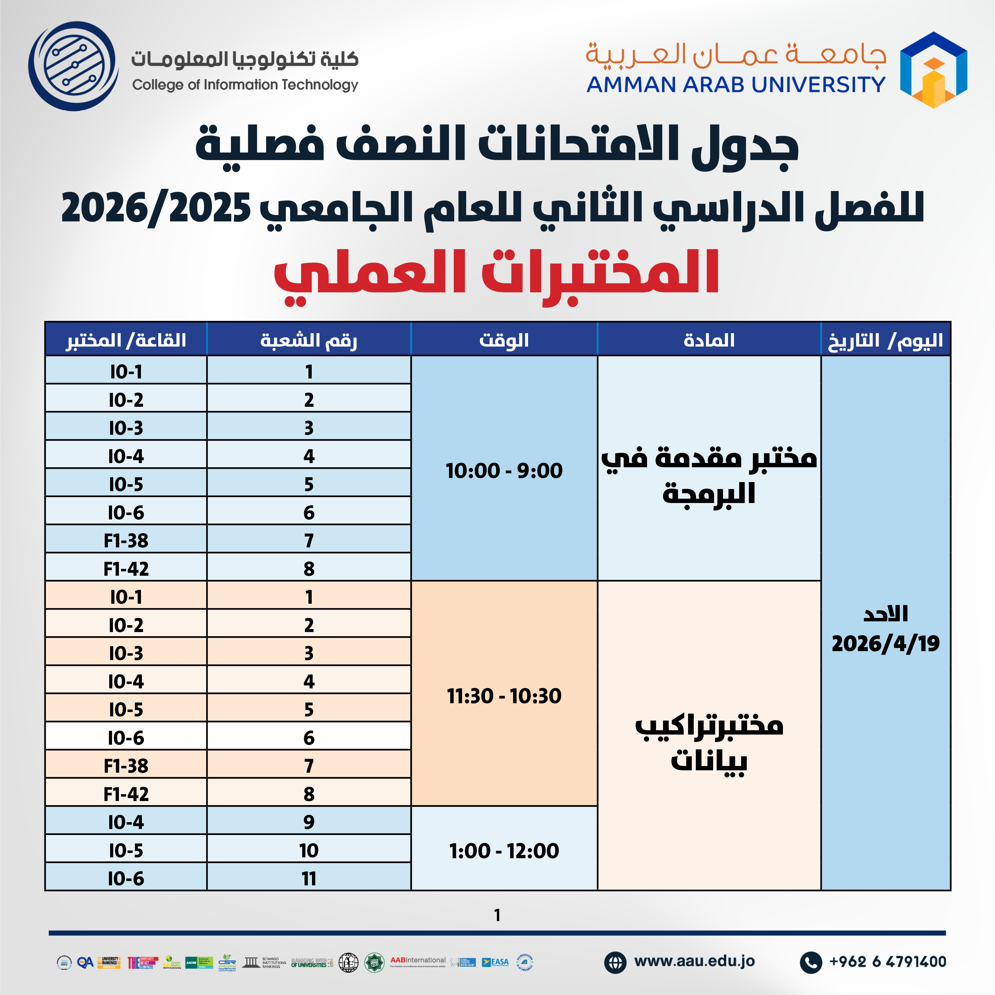 اعلان هام - جدول الإمتحانات نصف فصلية (العملية) للفصل الدراسي الثاني 2025-2026- كلية تكنولوجيا المعلومات1
