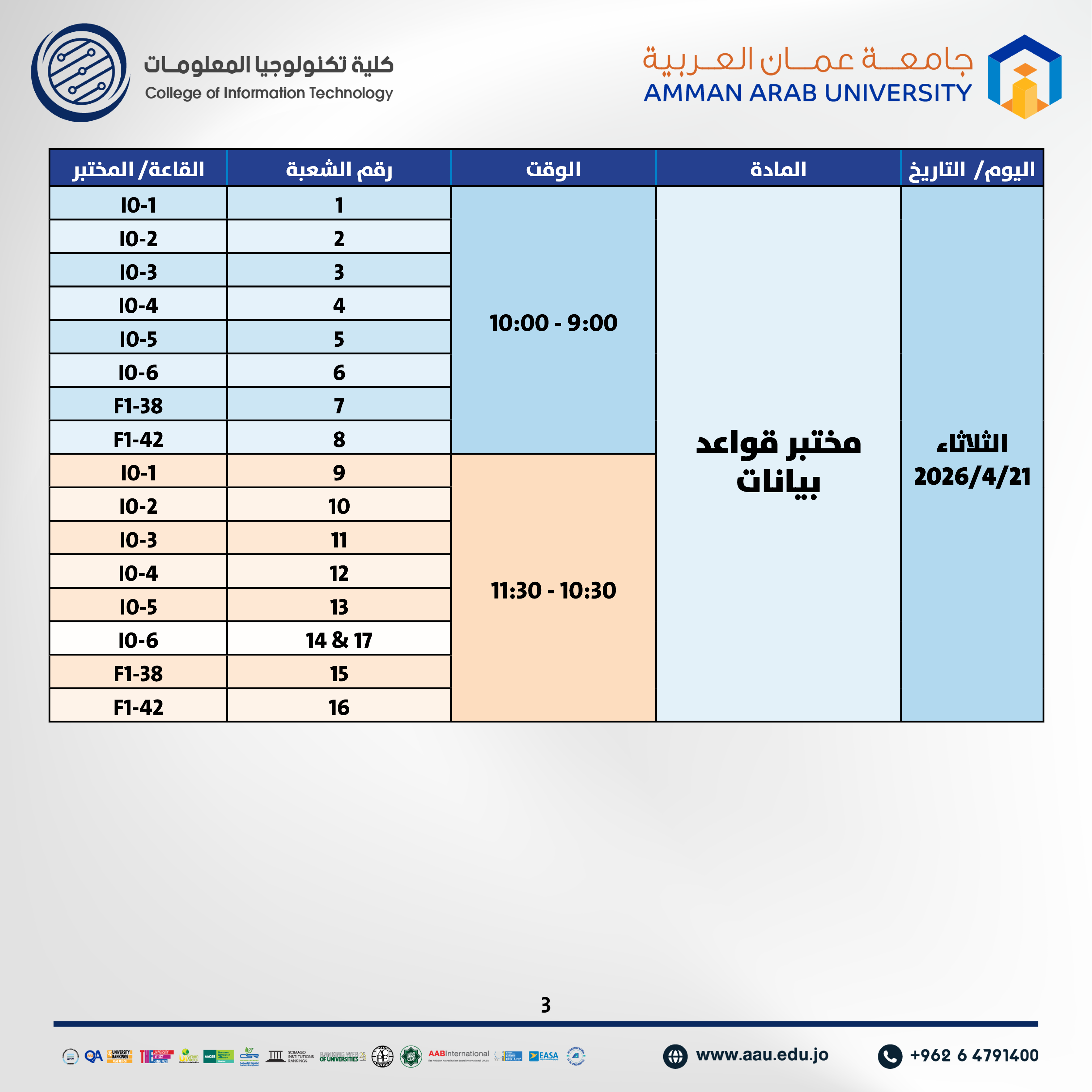 اعلان هام - جدول الإمتحانات نصف فصلية (العملية) للفصل الدراسي الثاني 2025-2026- كلية تكنولوجيا المعلومات3