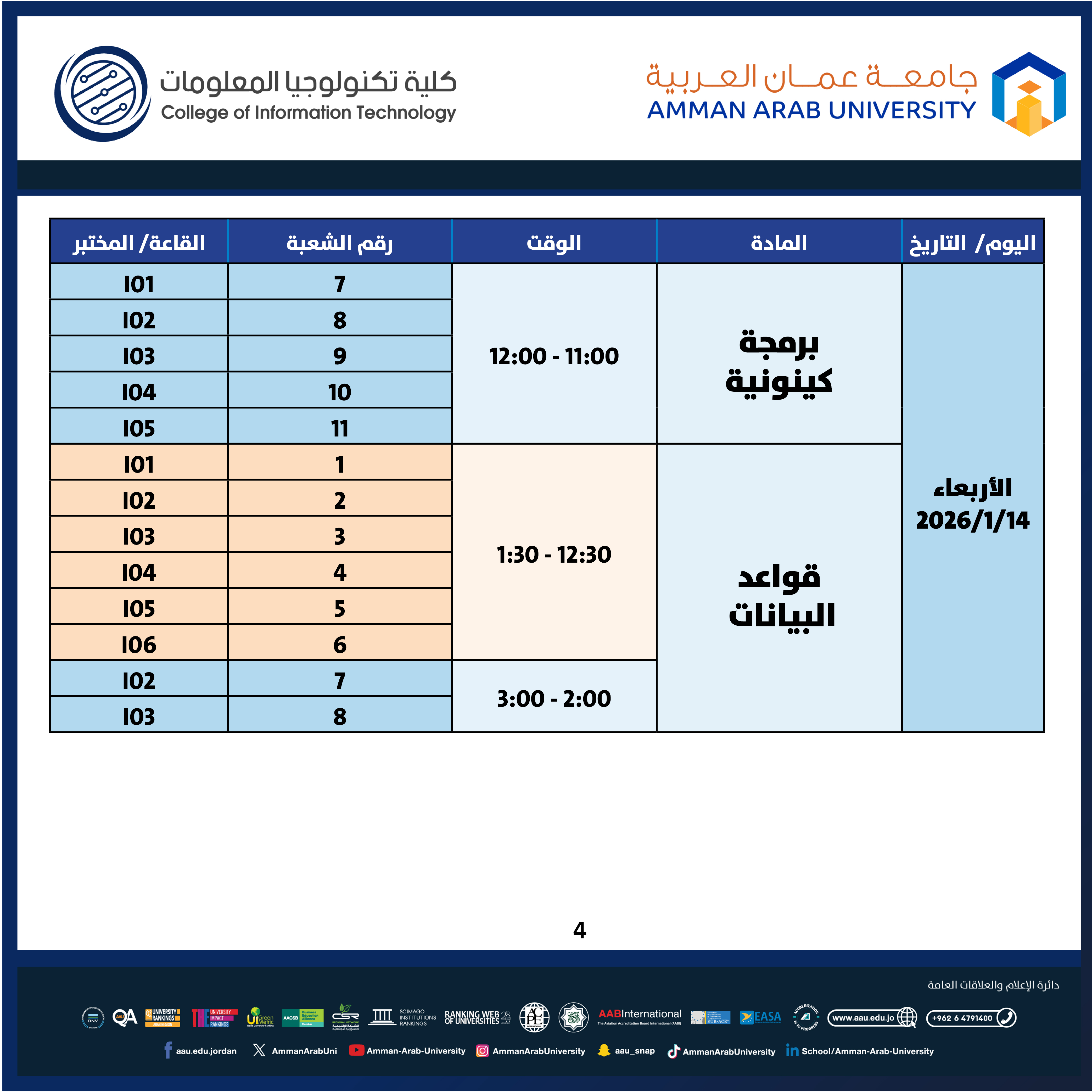 اعلان هام - جدول الإمتحانات النهائية العملية للفصل الدراسي الاول 2025-2026- كلية تكنولوجيا المعلومات4