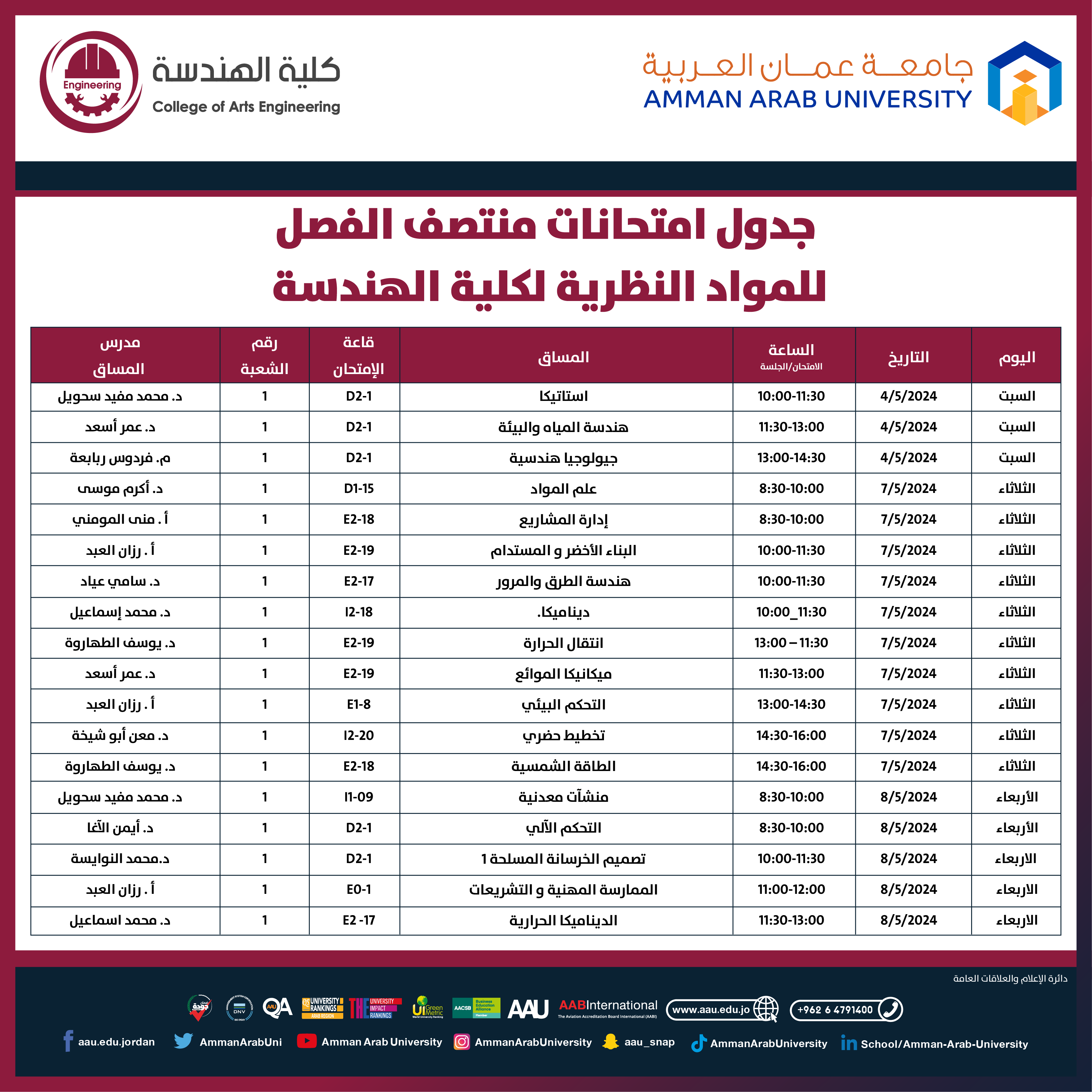 اعلان هام لطلبة كلية الهندسة - جدول الامتحانات النصف فصلية1