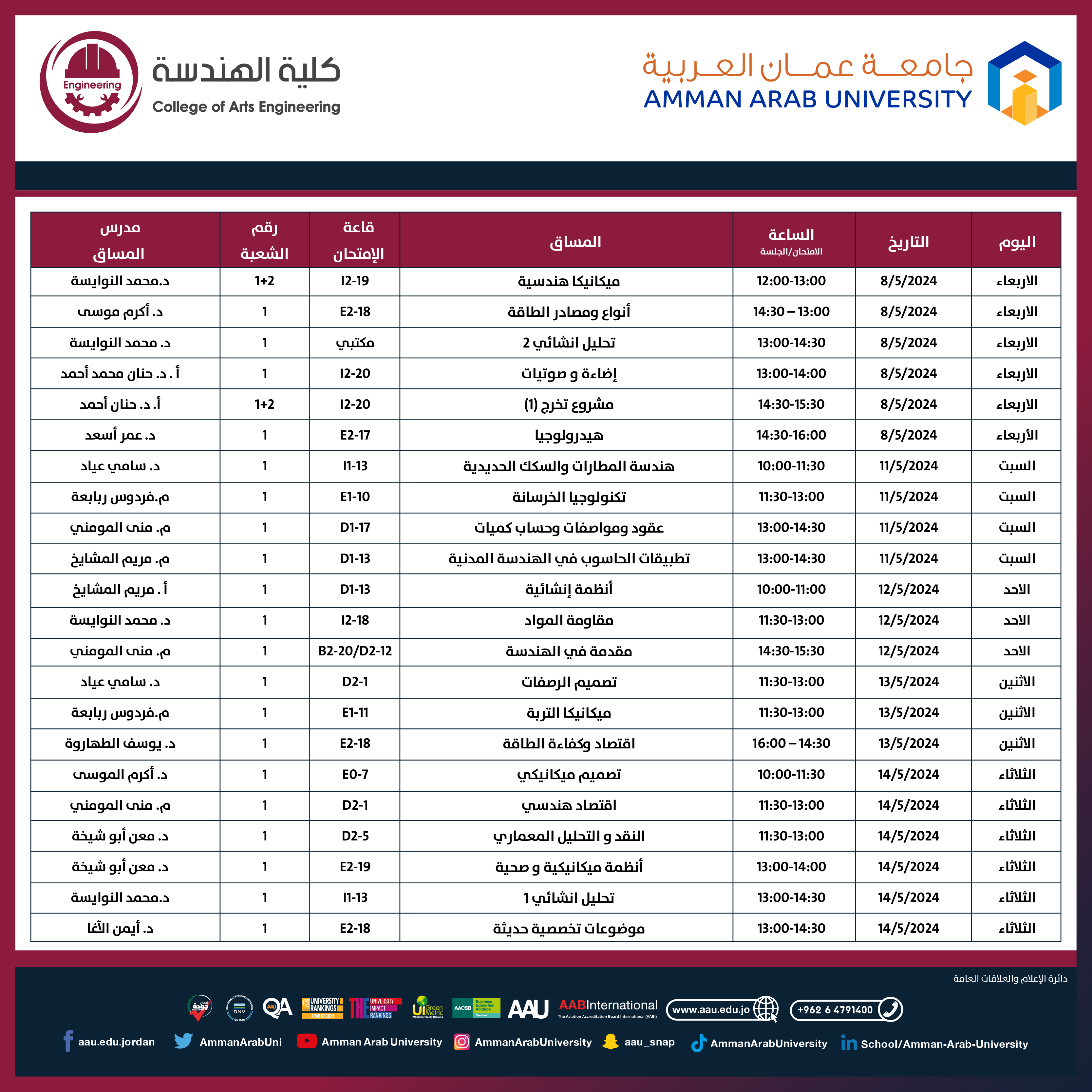 اعلان هام لطلبة كلية الهندسة - جدول الامتحانات النصف فصلية2