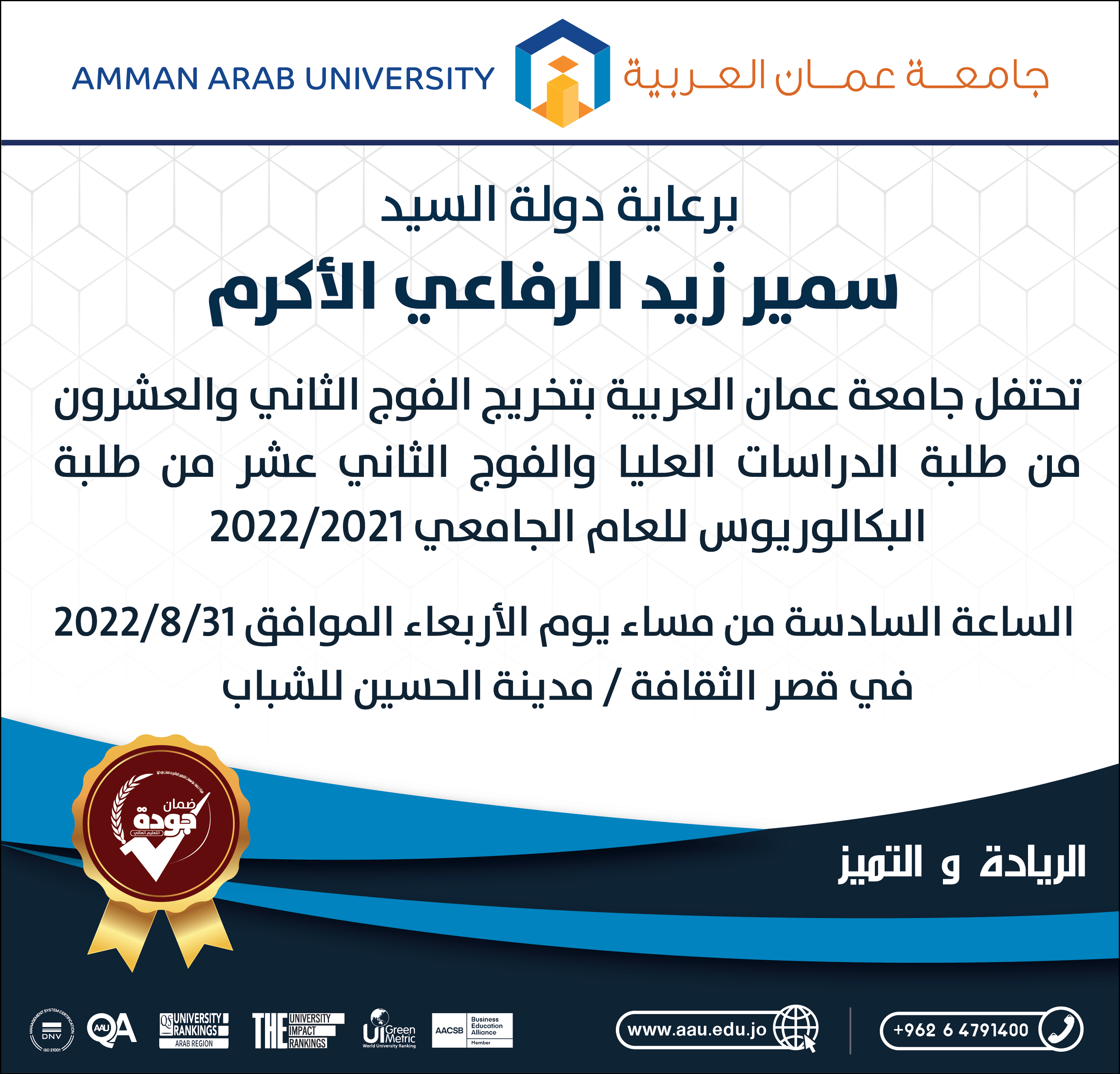 حفل التخريج الفوج الثاني والعشرون من طلبة الدرسات العليا والفوج الثاني عشر من طلبة البكالوريوس للعام الجامعي 2021 -2022
