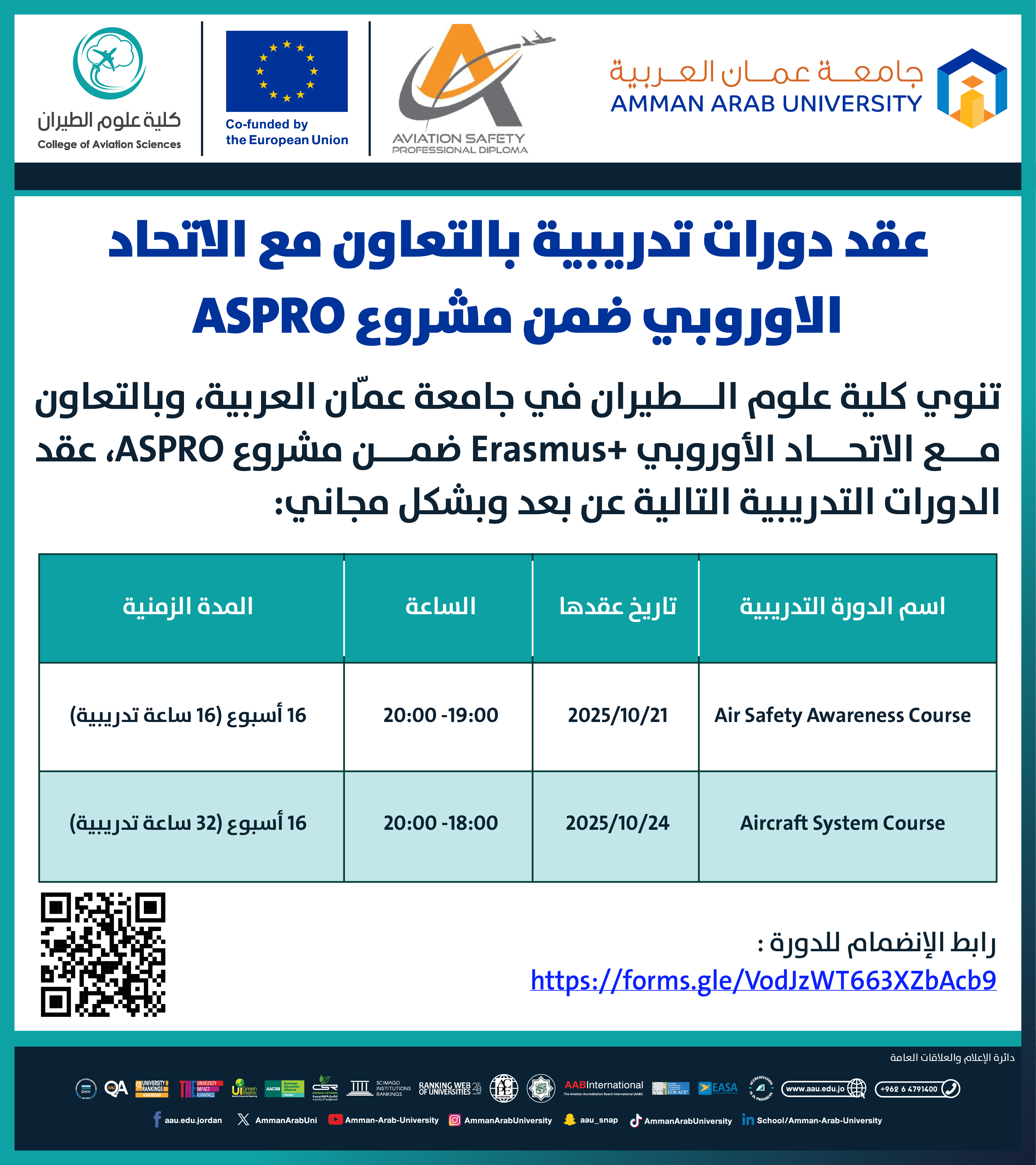 دورات تدريبية بالتعاون مع الاتحاد الاوروبي Erasmus+ ضمن مشروع ASPRO