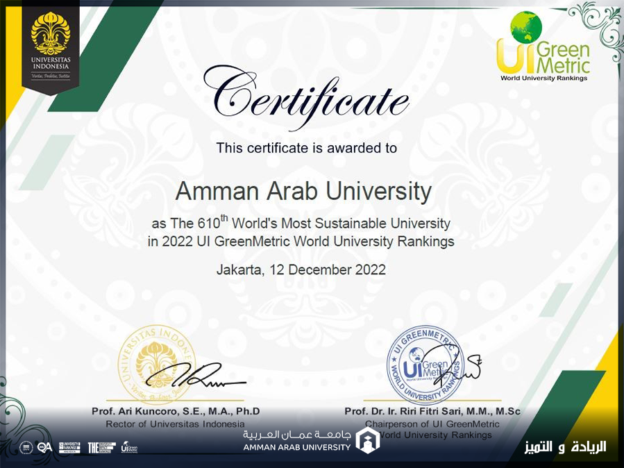 "عمان العربية" تحرز مراكز متقدمة وتتقدم 685 نقطة في تصنيف Green Metric 2022