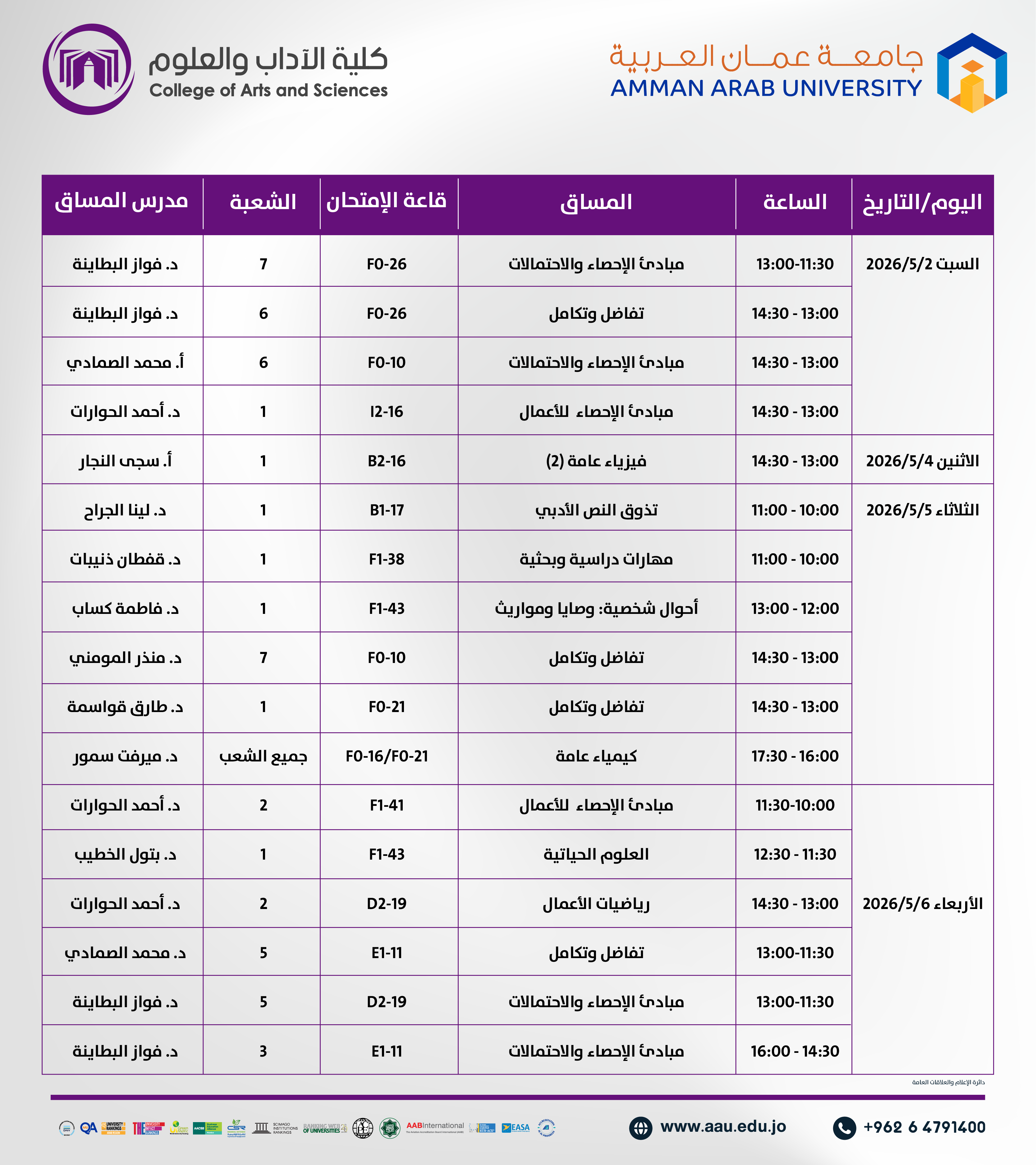 اعلان هام - جدول الإمتحانات نصف فصلية للفصل الدراسي الثاني 2025-2026- قسم العلوم الاساسية / كلية الاداب والعلوم2
