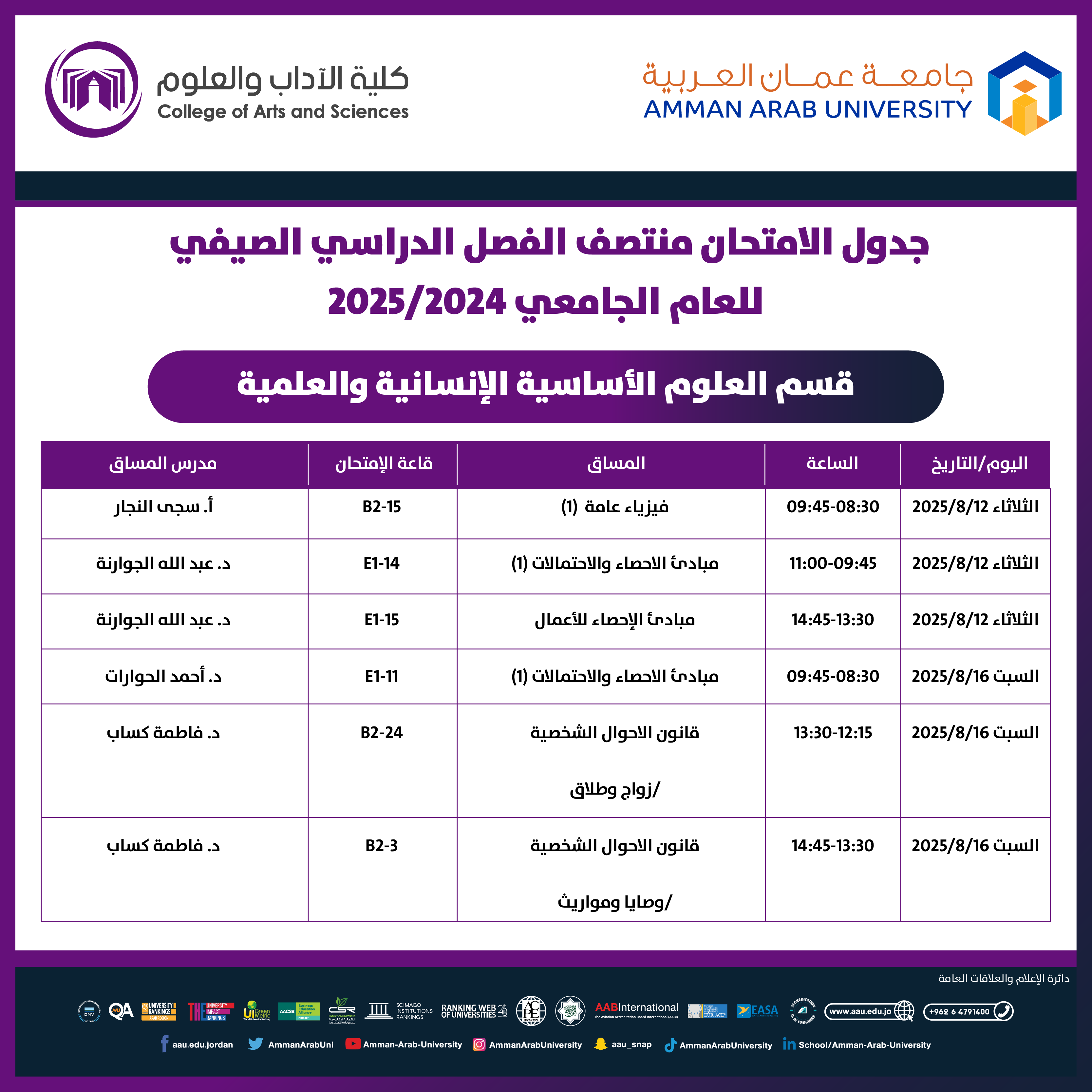 اعلان هام - جدول الامتحانات النصف فصلية (الميد) للفصل الدراسي الصيفي للعام الجامعي 2024-2025 - قسم العلوم الاساسية1