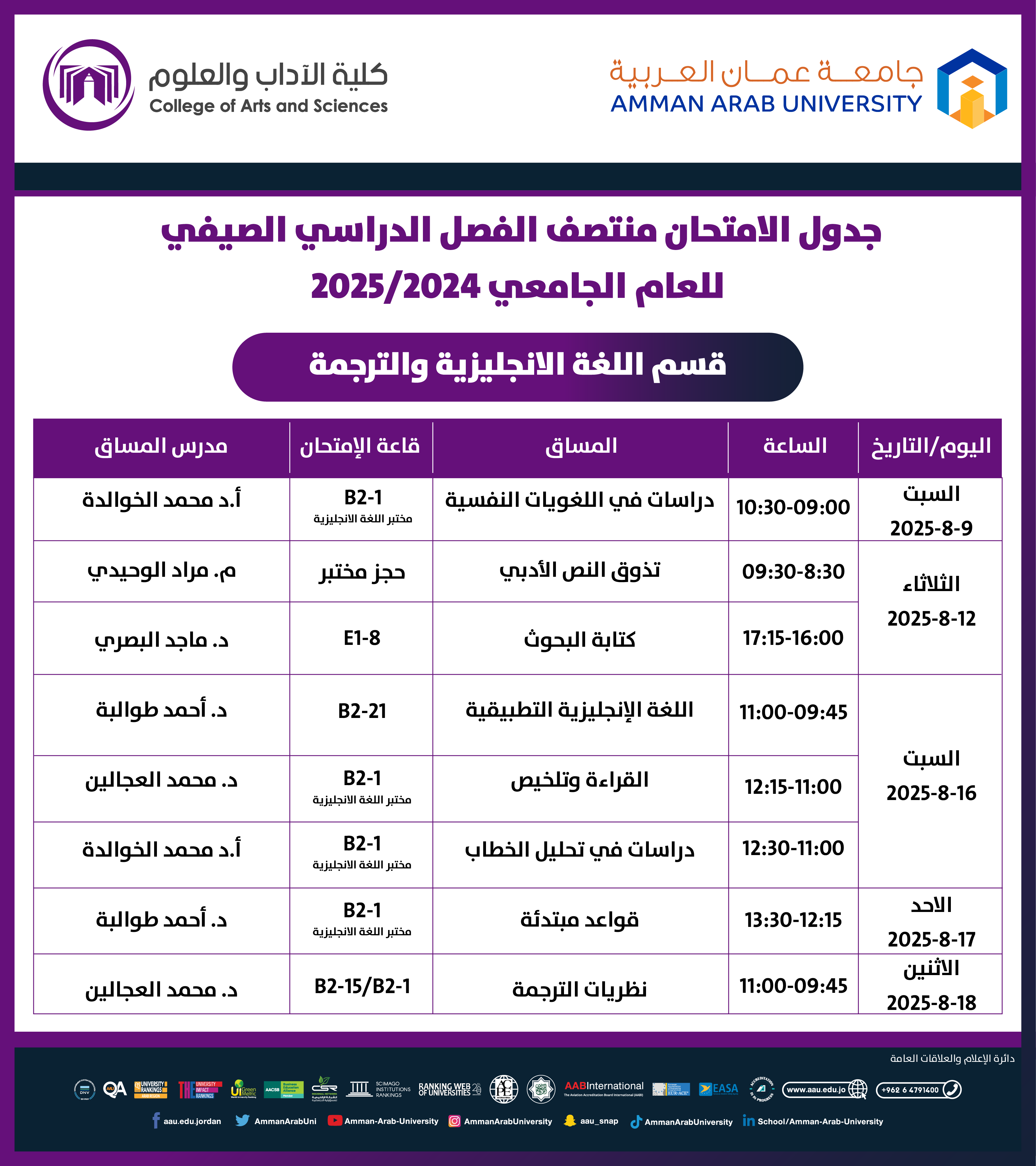 اعلان هام - جدول الامتحانات النصف فصلية (الميد) للفصل الدراسي الصيفي للعام الجامعي 2024-2025 - قسم اللغة الانجليزية1