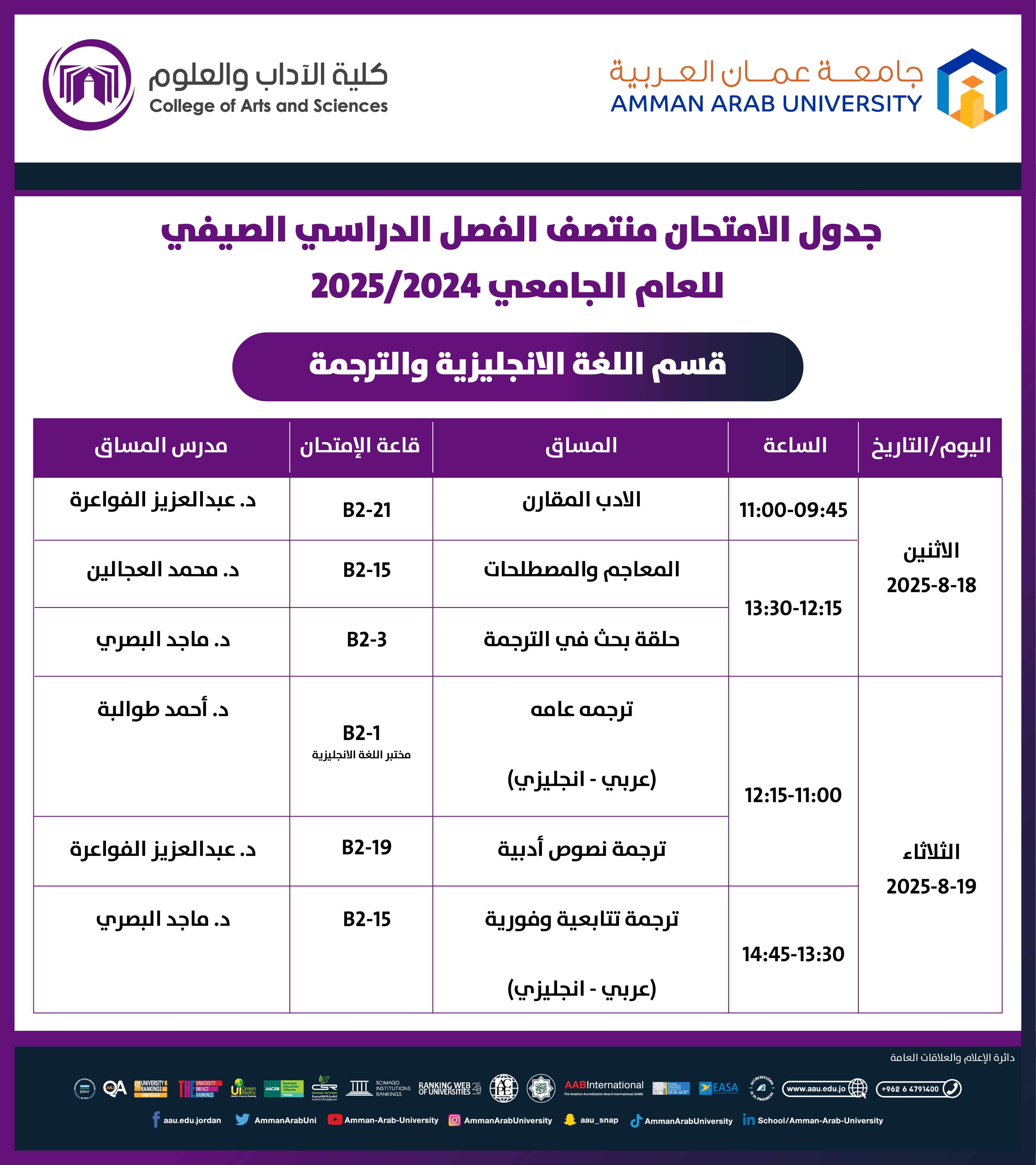 اعلان هام - جدول الامتحانات النصف فصلية (الميد) للفصل الدراسي الصيفي للعام الجامعي 2024-2025 - قسم اللغة الانجليزية2
