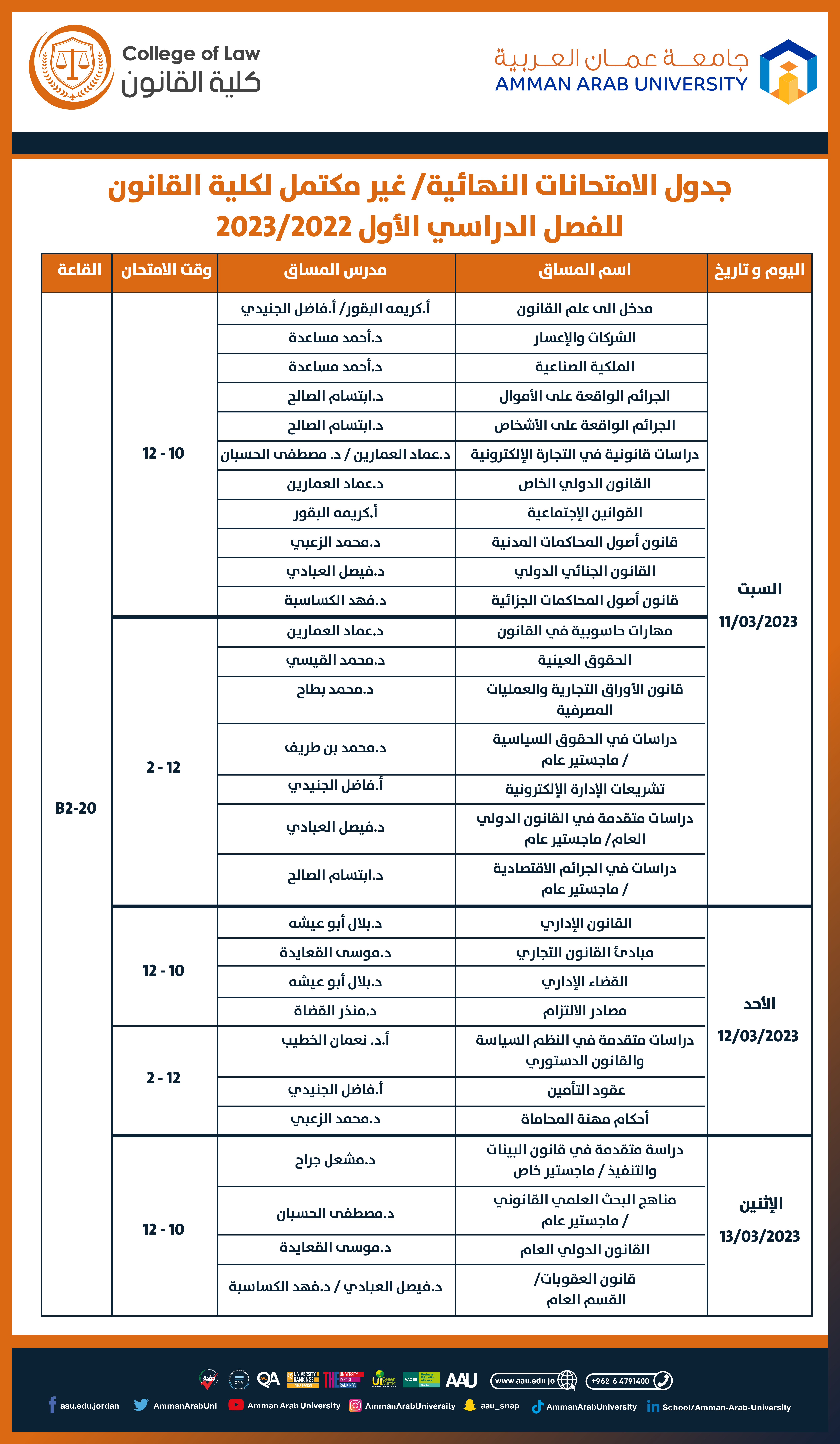 جدول الامتحانات التكميلية للفصل الدراسي الاول 2022-2023 - كلية القانون