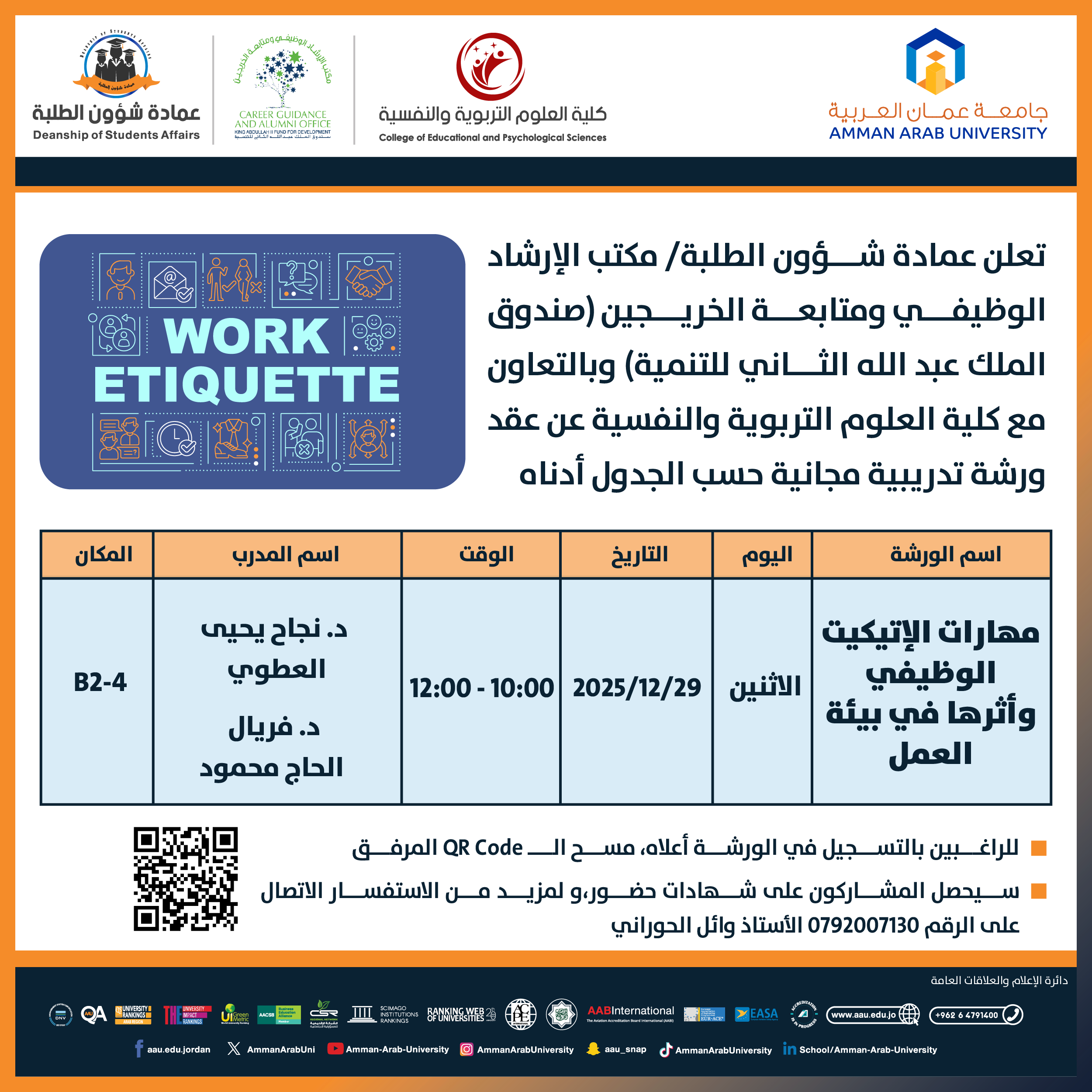 ورشة تدريبية مهارات الإتيكيت الوظيفي وأثرها في بيئة العمل