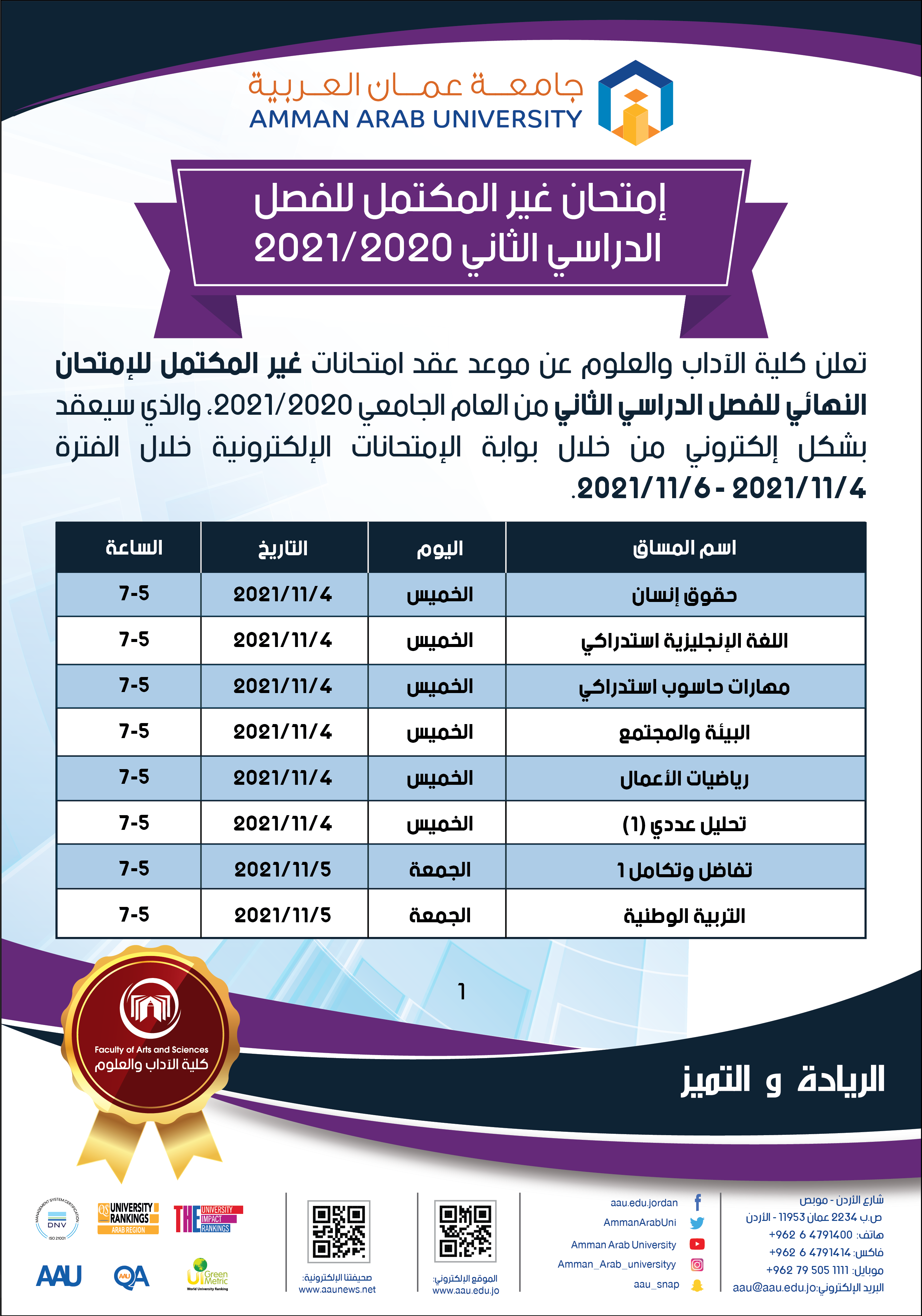 إعلان الإمتحانات غير المكتمل للفصل الدراسي الثاني للعام 2021/2020 - 1