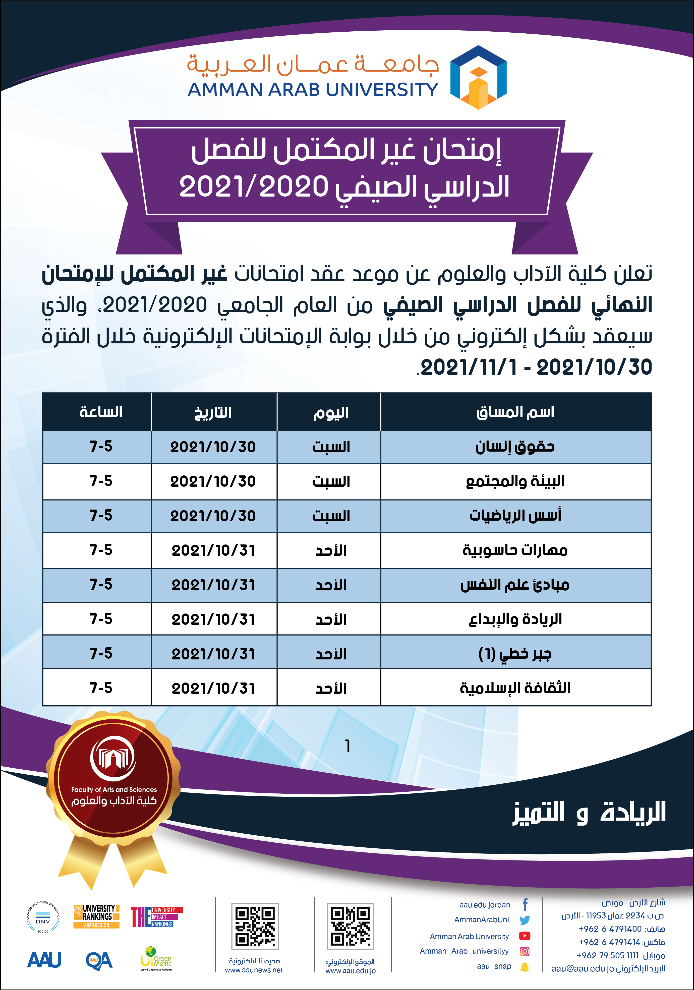 إعلان الإمتحانات غير المكتمل للفصل الدراسي الصيفي للعام 2021/2020 - 1