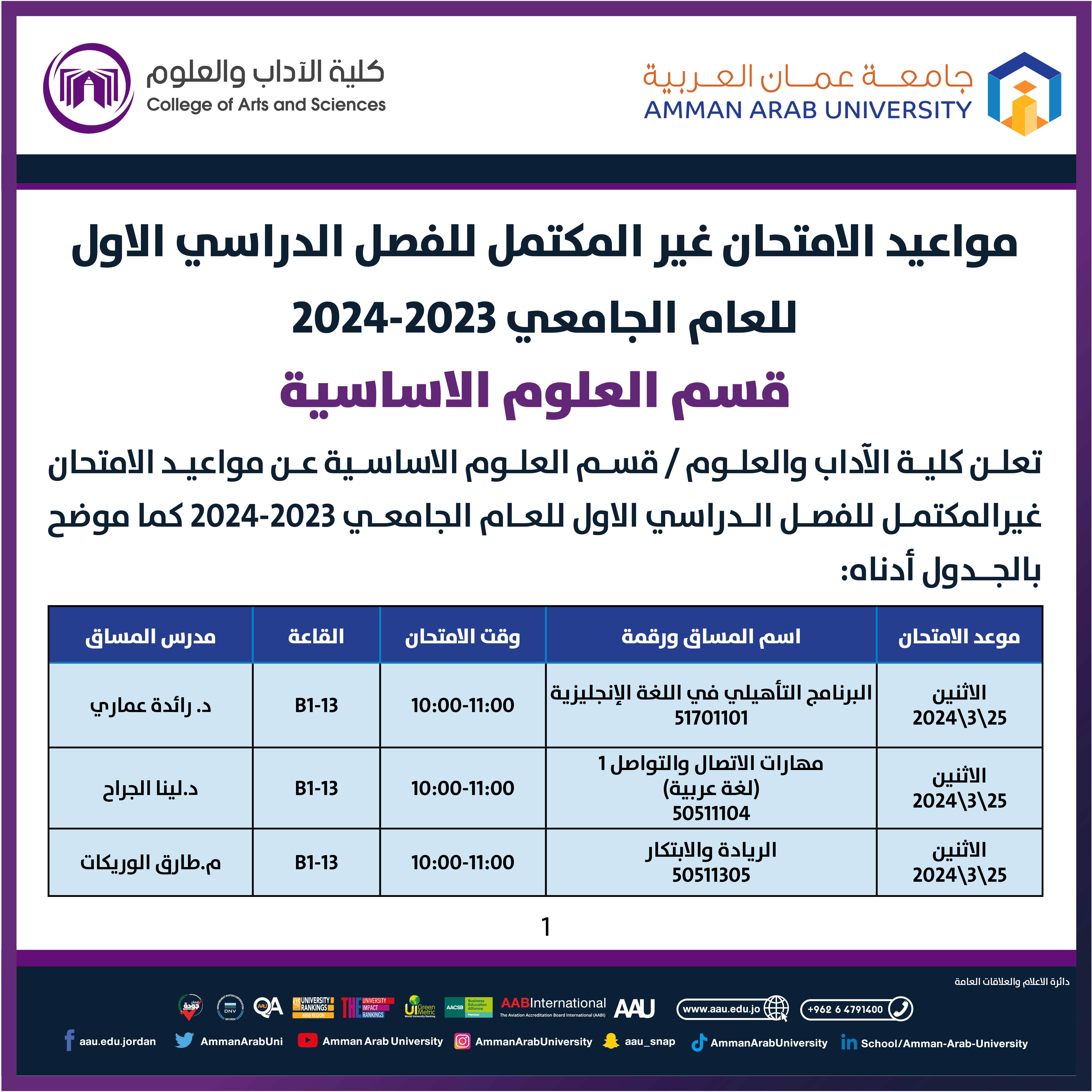 اعلان هام امتحان غير المكتمل لكلية الاداب والعلوم - قسم العلوم الاساسية1