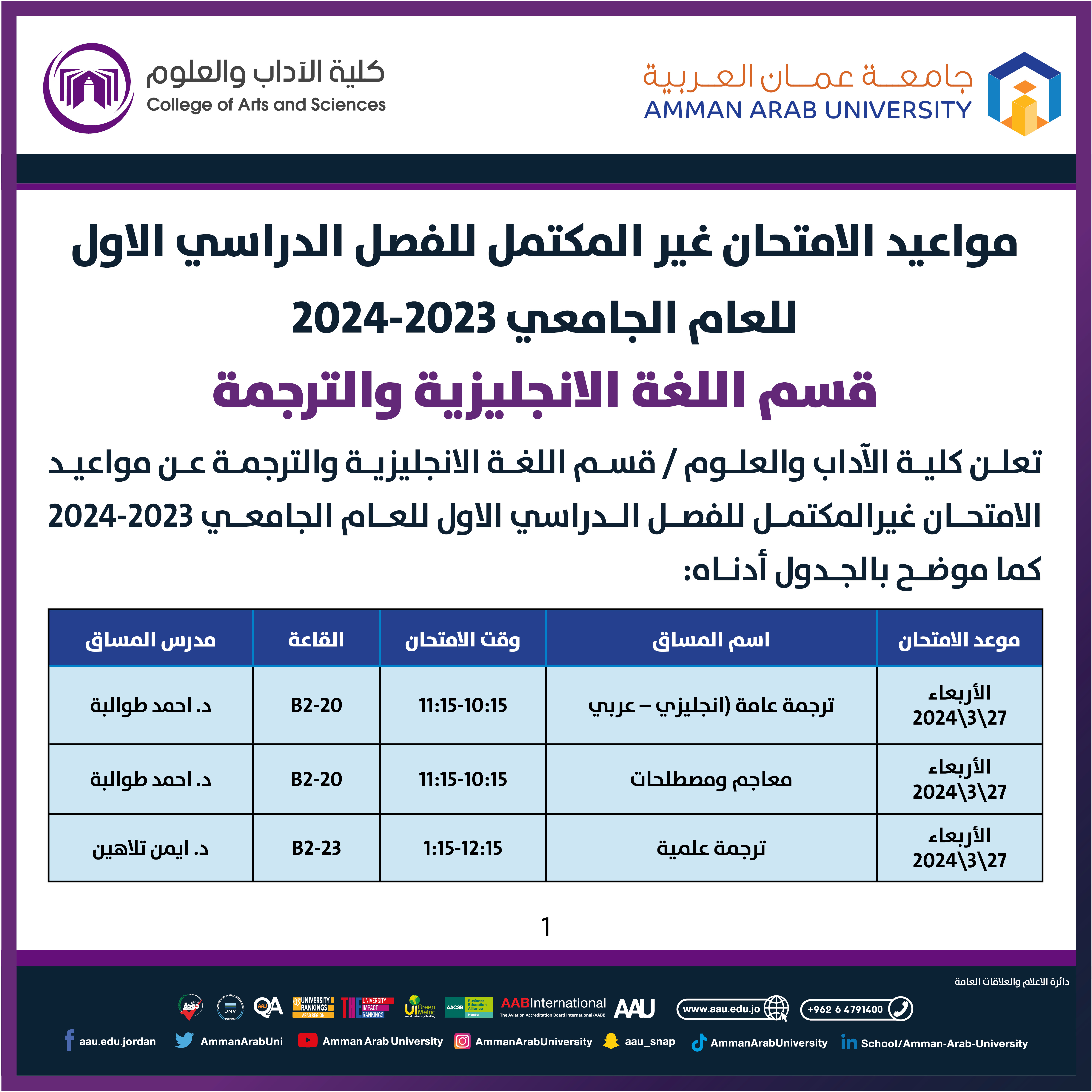 اعلان هام امتحان غير المكتمل لكلية الاداب والعلوم - قسم اللغة الانجليزية والترجمة1