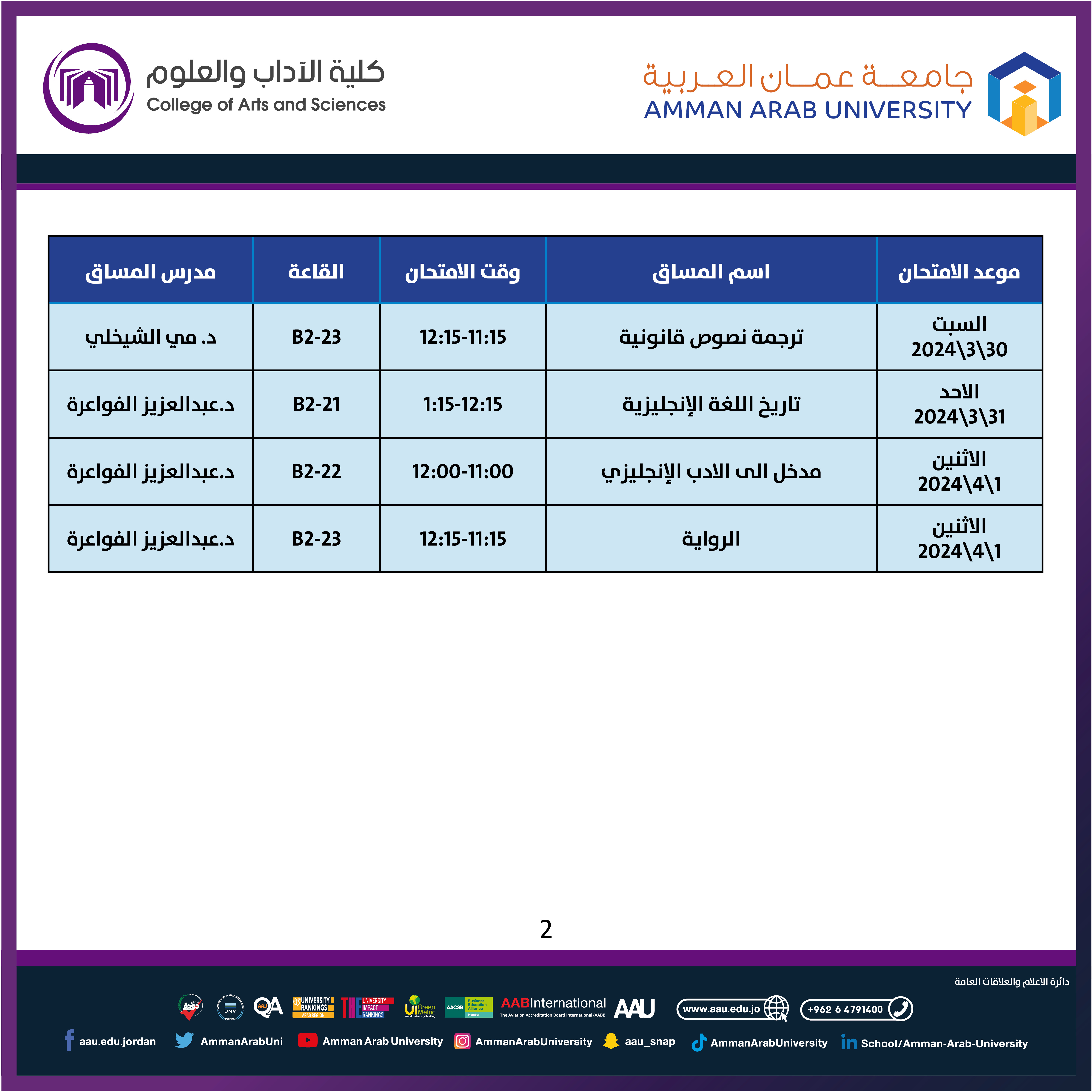 اعلان هام امتحان غير المكتمل لكلية الاداب والعلوم - قسم اللغة الانجليزية والترجمة2